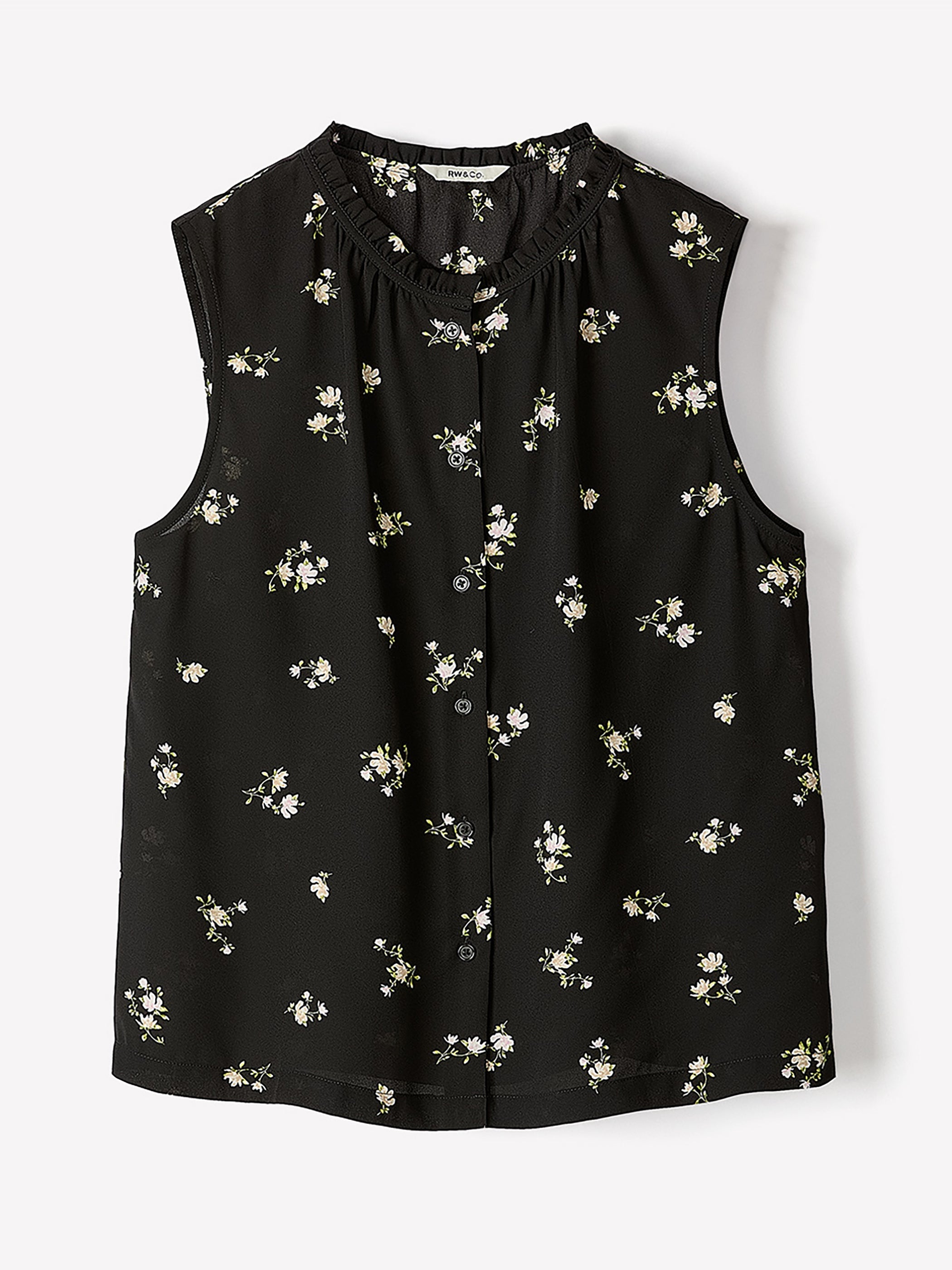 RW&CO Sleeveless Buttoned-Down Blouse with Ruffled Trim