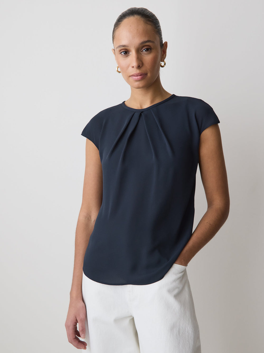 RW&CO Mix-Media Cap-Sleeve Crew-Neck Blouse