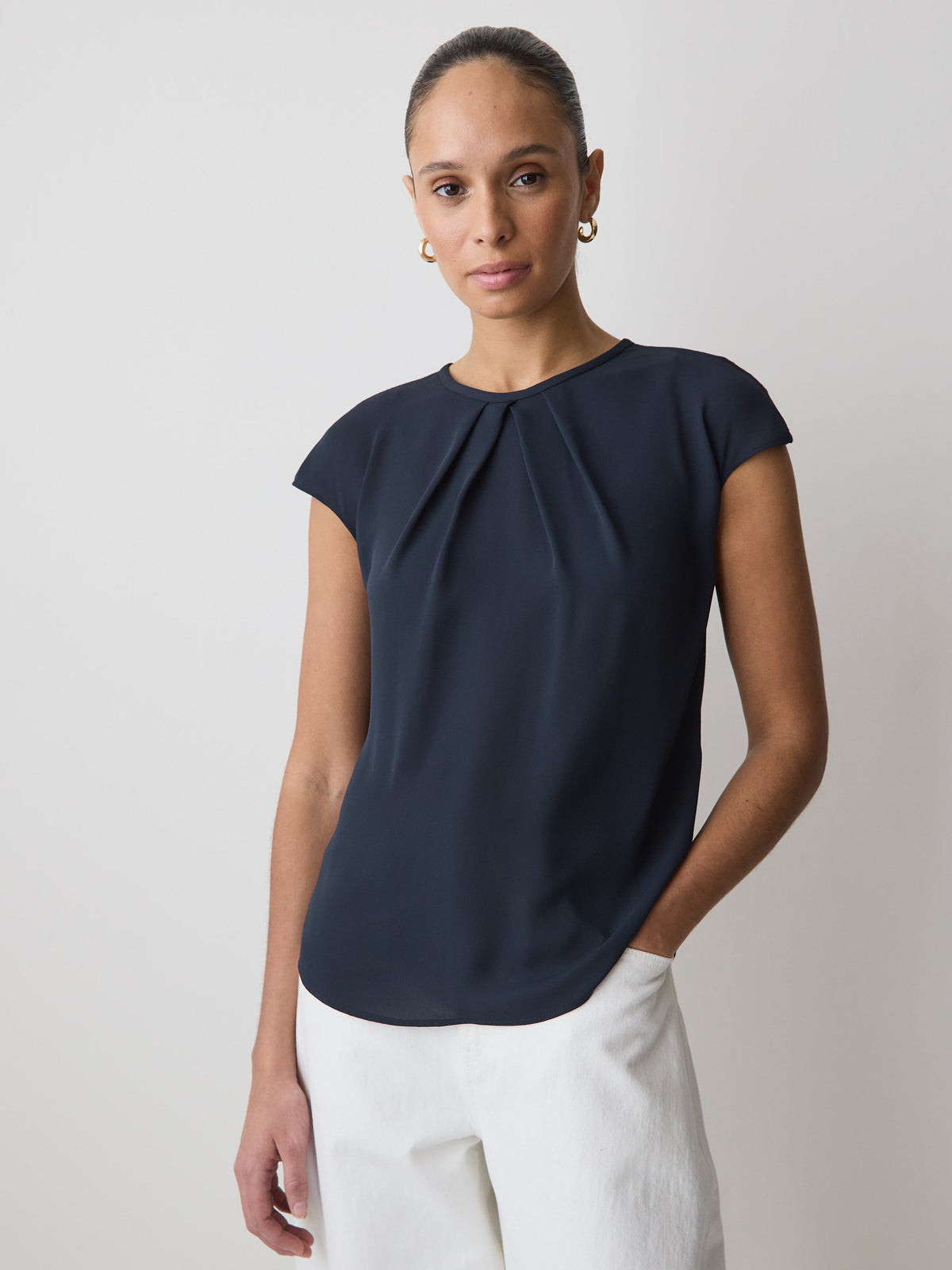 RW&CO Mix-Media Cap-Sleeve Crew-Neck Blouse