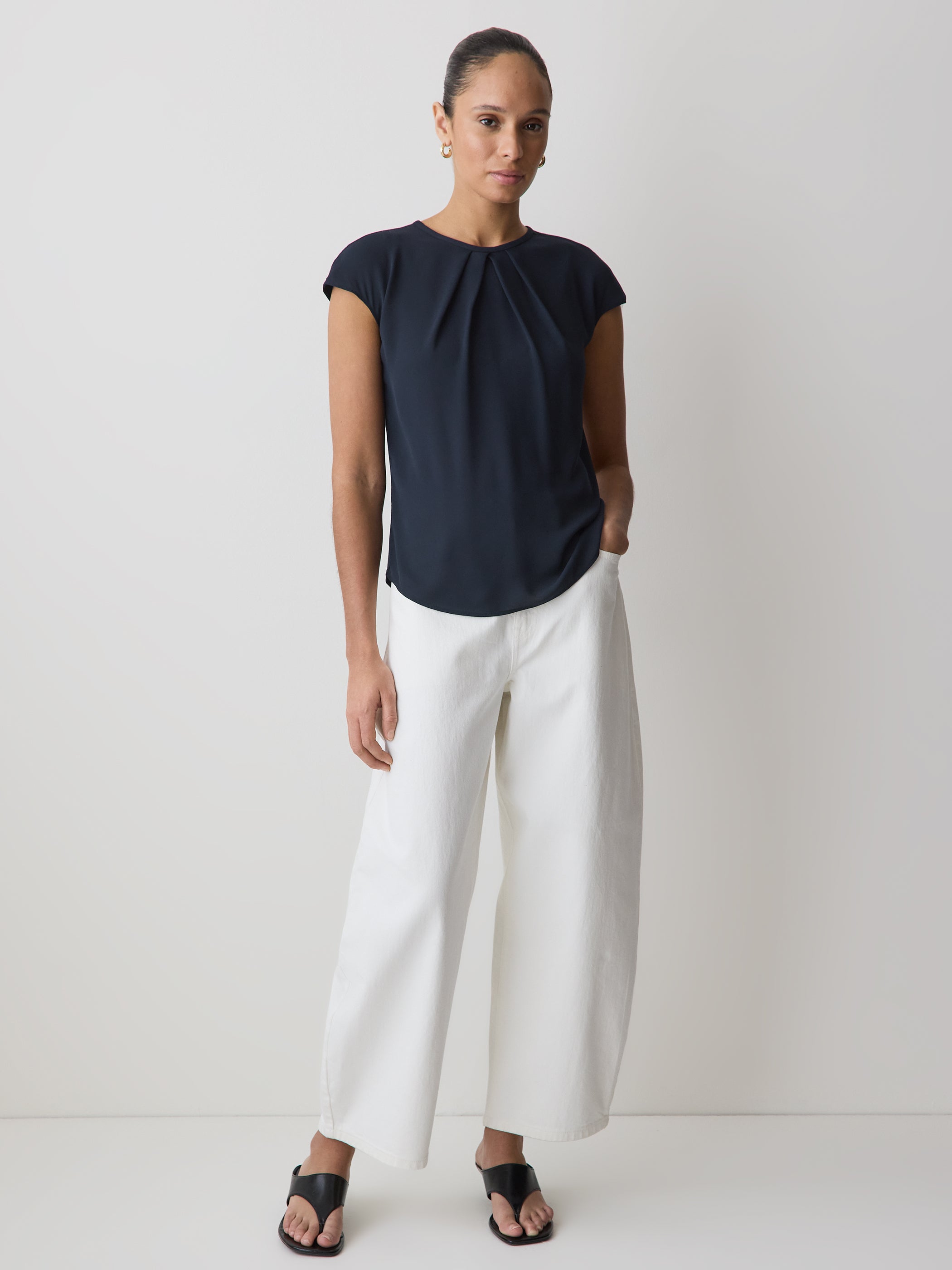 RW&CO Mix-Media Cap-Sleeve Crew-Neck Blouse