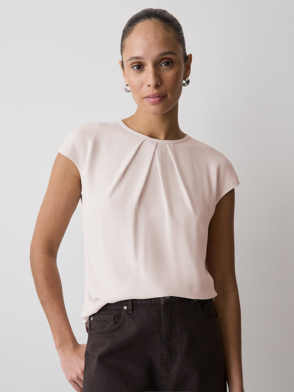 RW&CO Mix-Media Cap-Sleeve Crew-Neck Blouse