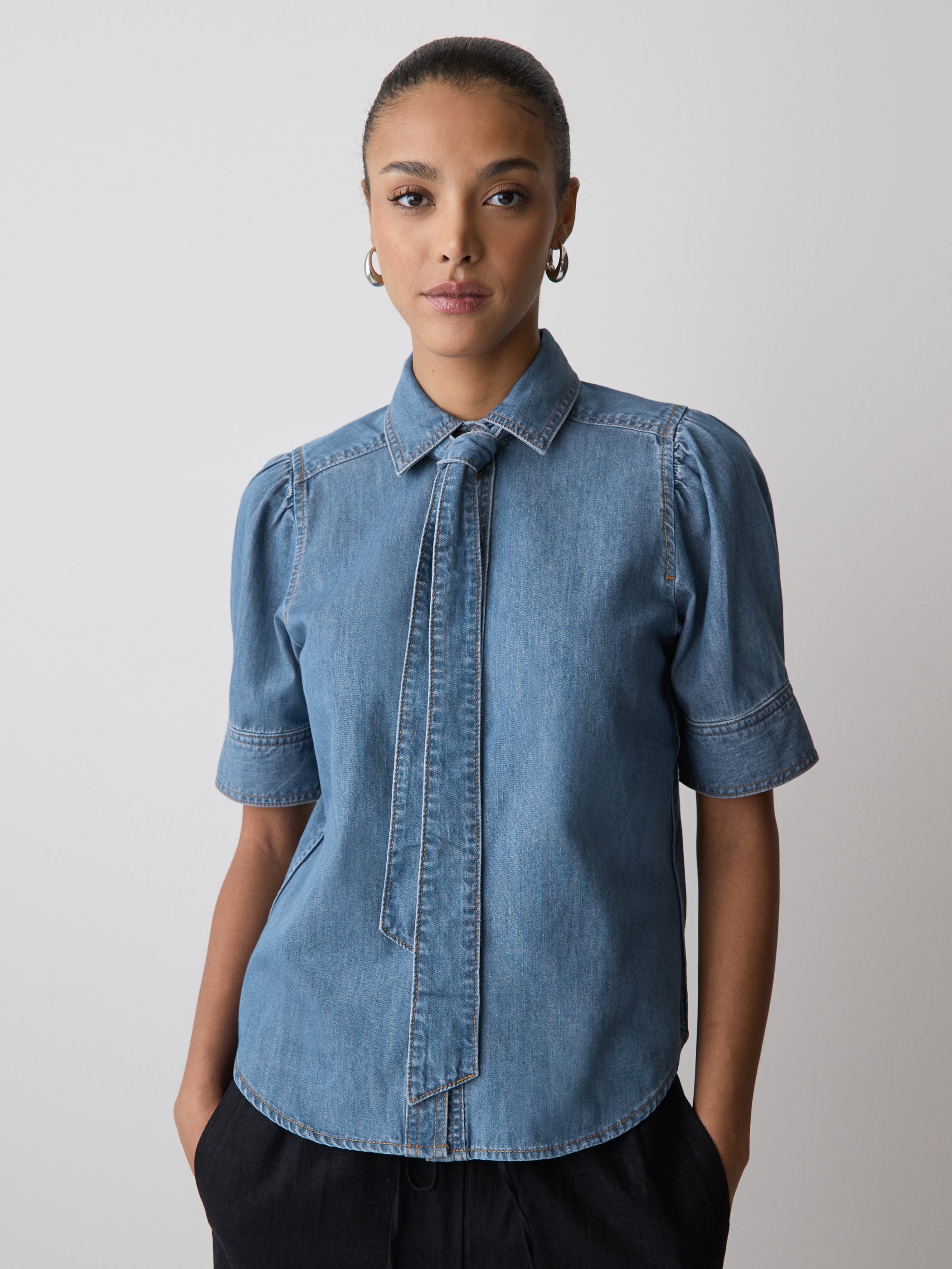RW&CO Short-Sleeve Denim Blouse with Shirt Collar