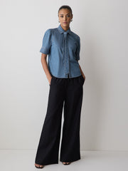RW&CO Short-Sleeve Denim Blouse with Shirt Collar