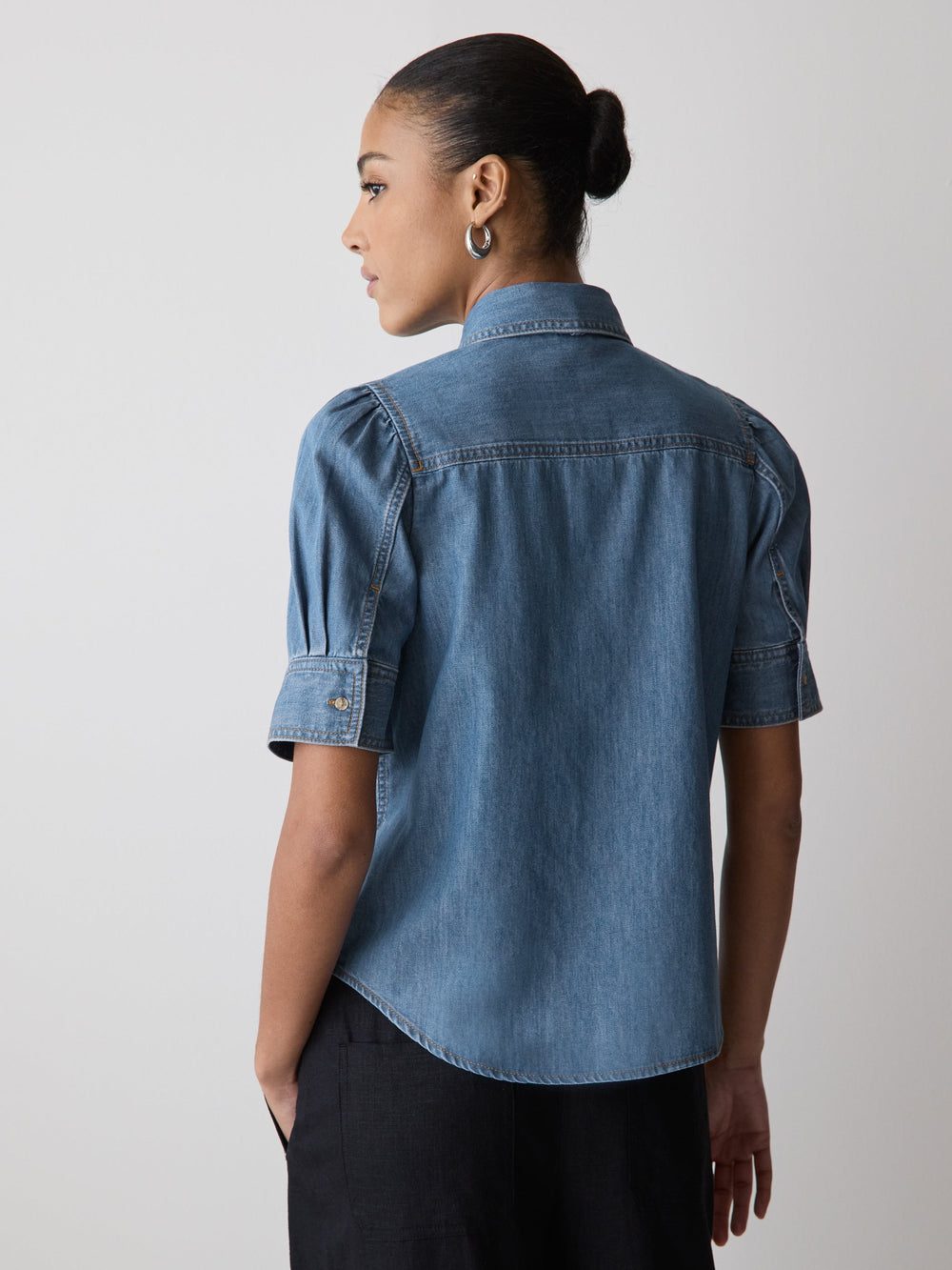 RW&CO Short-Sleeve Denim Blouse with Shirt Collar