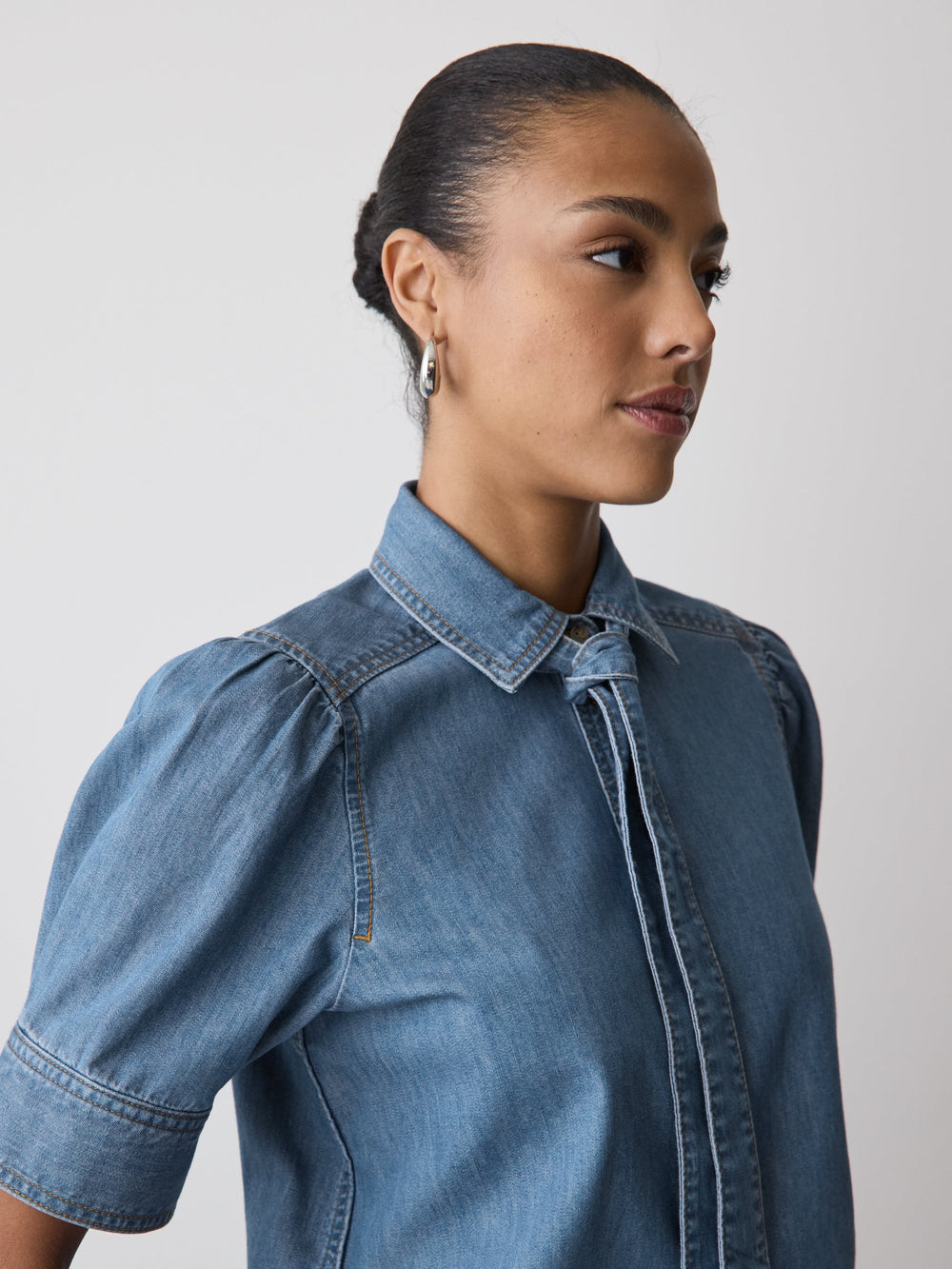 RW&CO Short-Sleeve Denim Blouse with Shirt Collar