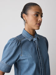 RW&CO Short-Sleeve Denim Blouse with Shirt Collar