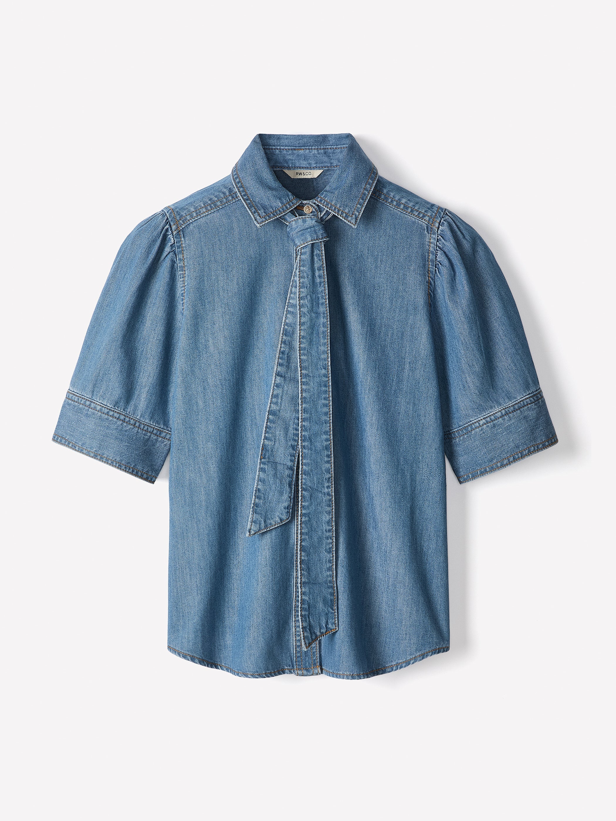 RW&CO Short-Sleeve Denim Blouse with Shirt Collar
