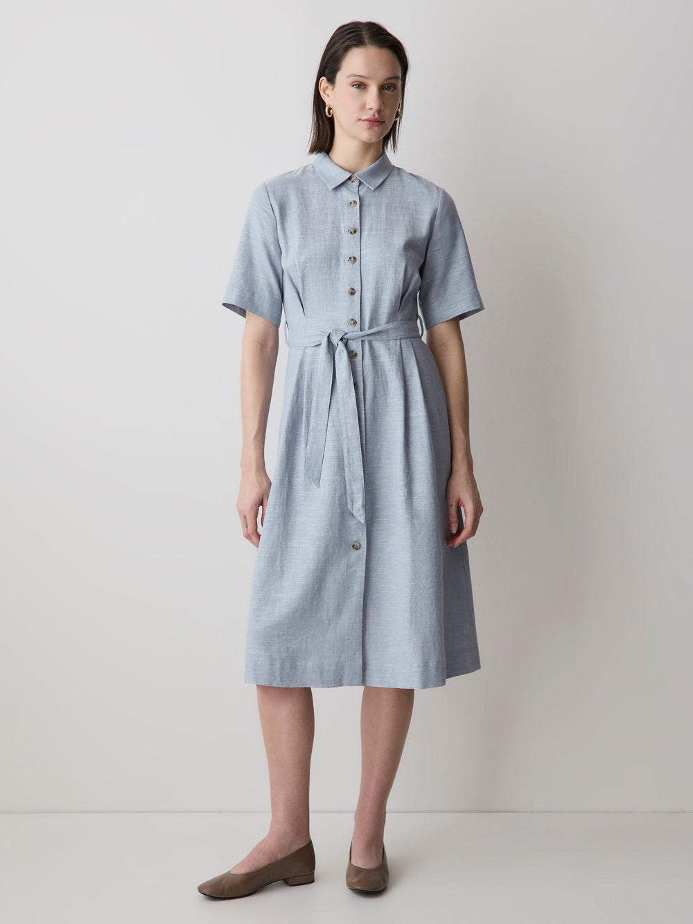RW&CO Short-Sleeve Linen-Blend Midi Dress with Shirt Collar