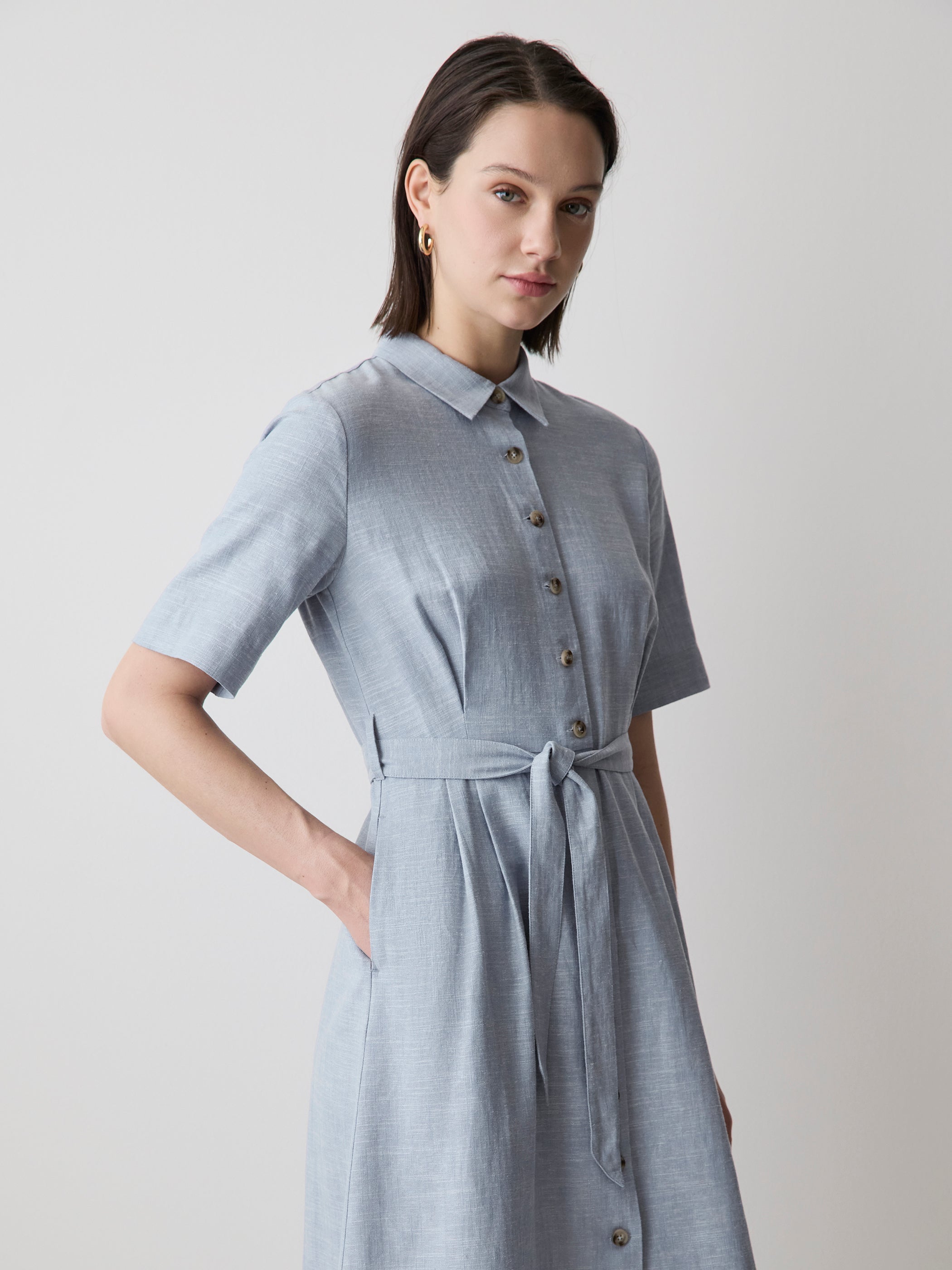 RW&CO Short-Sleeve Linen-Blend Midi Dress with Shirt Collar