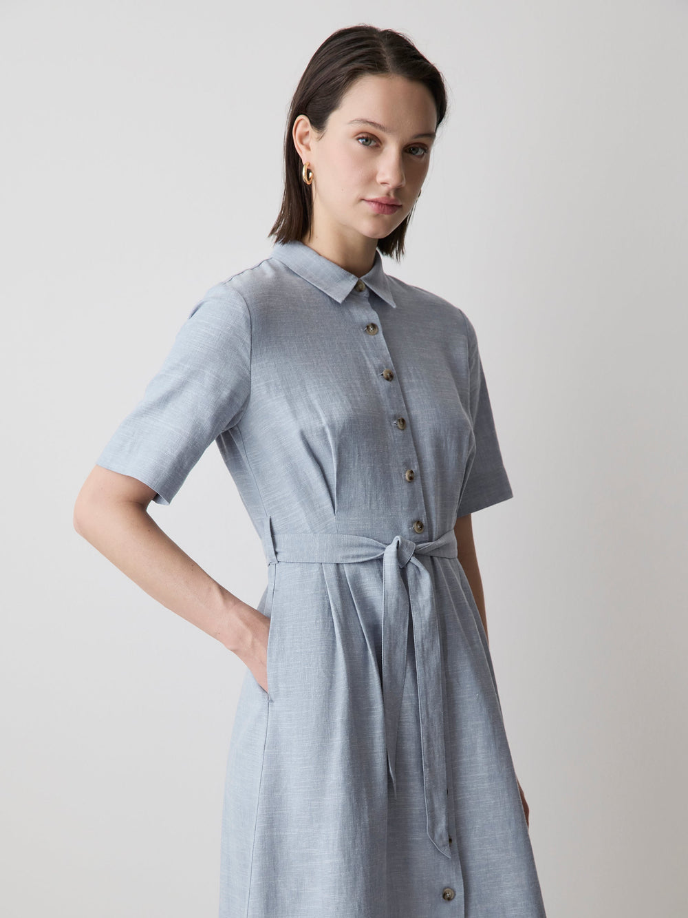 RW&CO Short-Sleeve Linen-Blend Midi Dress with Shirt Collar