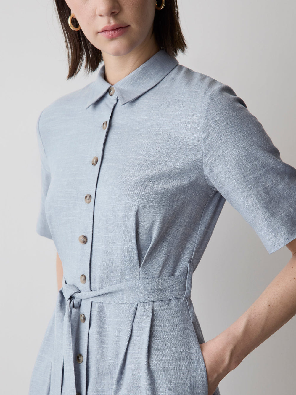 RW&CO Short-Sleeve Linen-Blend Midi Dress with Shirt Collar