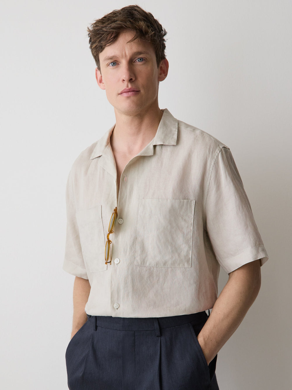 RW&CO Short-Sleeve Linen Shirt with Camp Collar