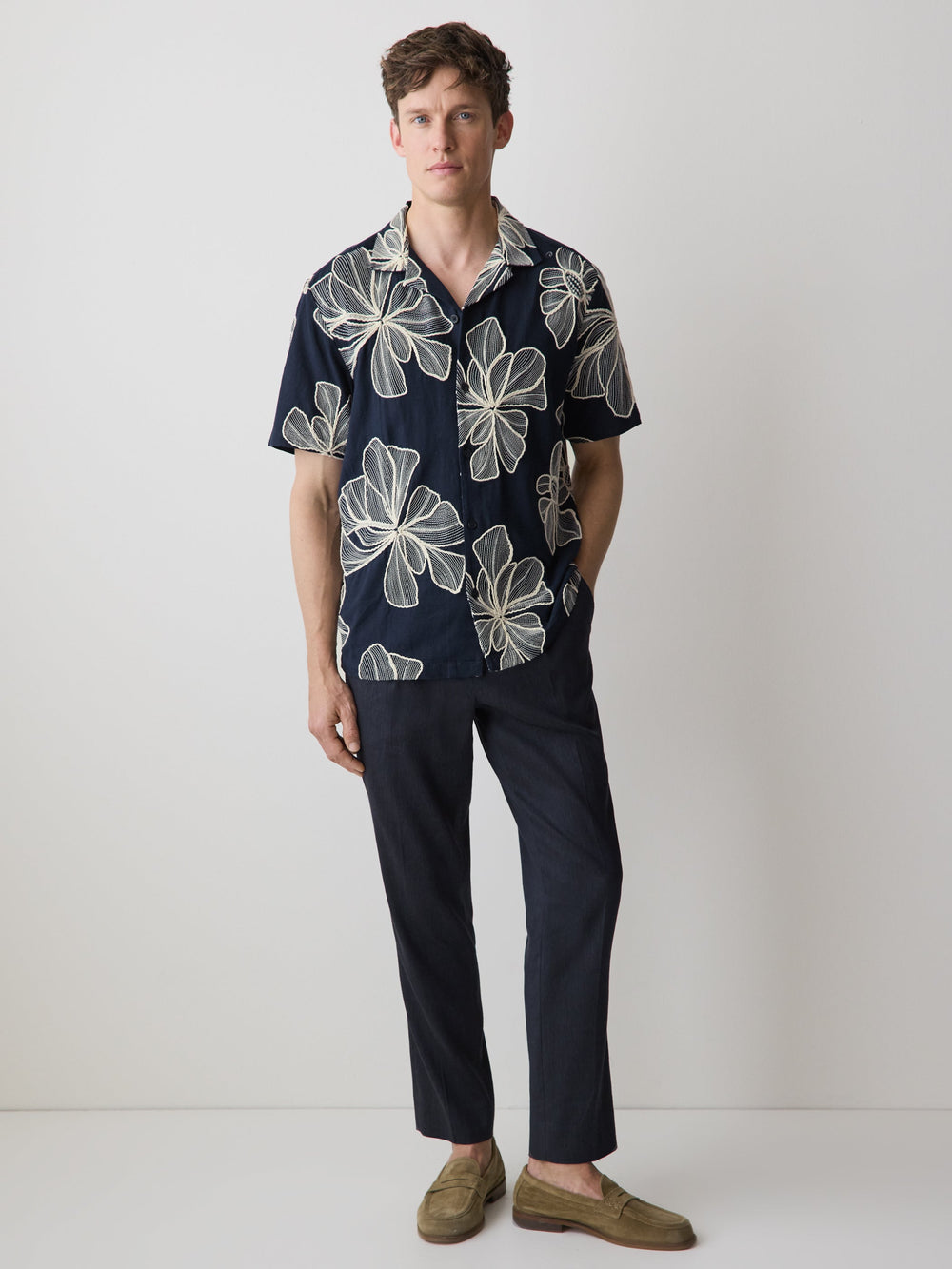 RW&CO Short-Sleeve Camp-Collar Shirt with Embroidered Details