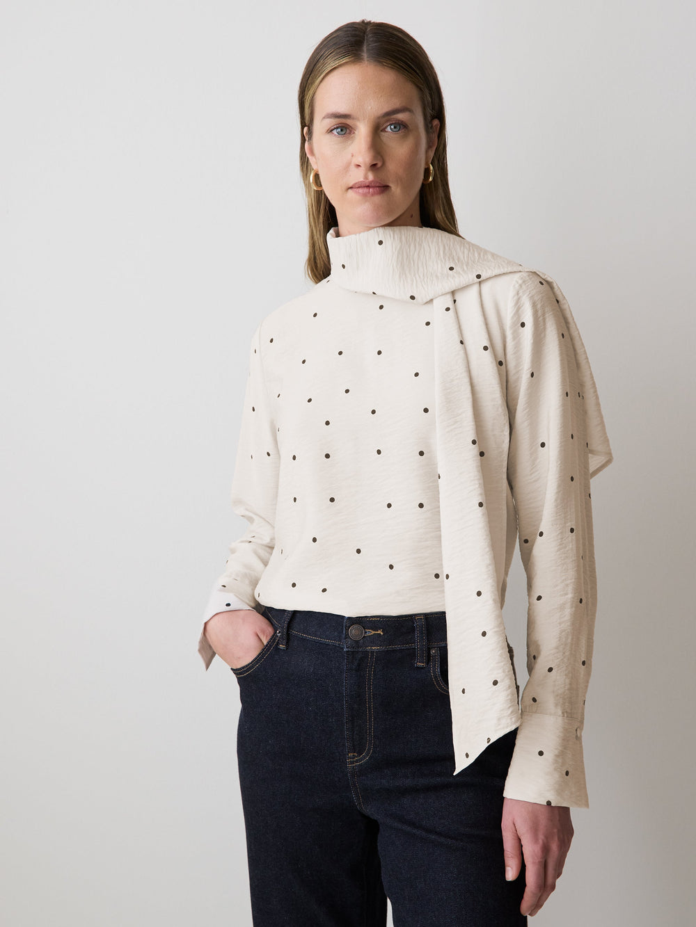RW&CO Long-Sleeve Popover Blouse with Scarf Neckline