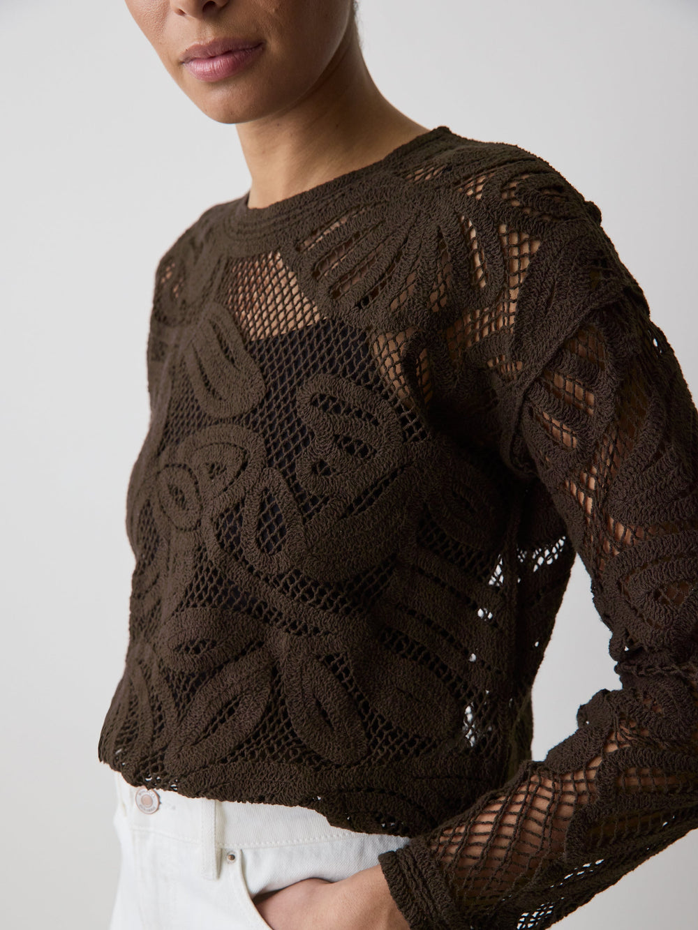 RW&CO Long-Sleeve Crew-Neck Top with Crochet Details