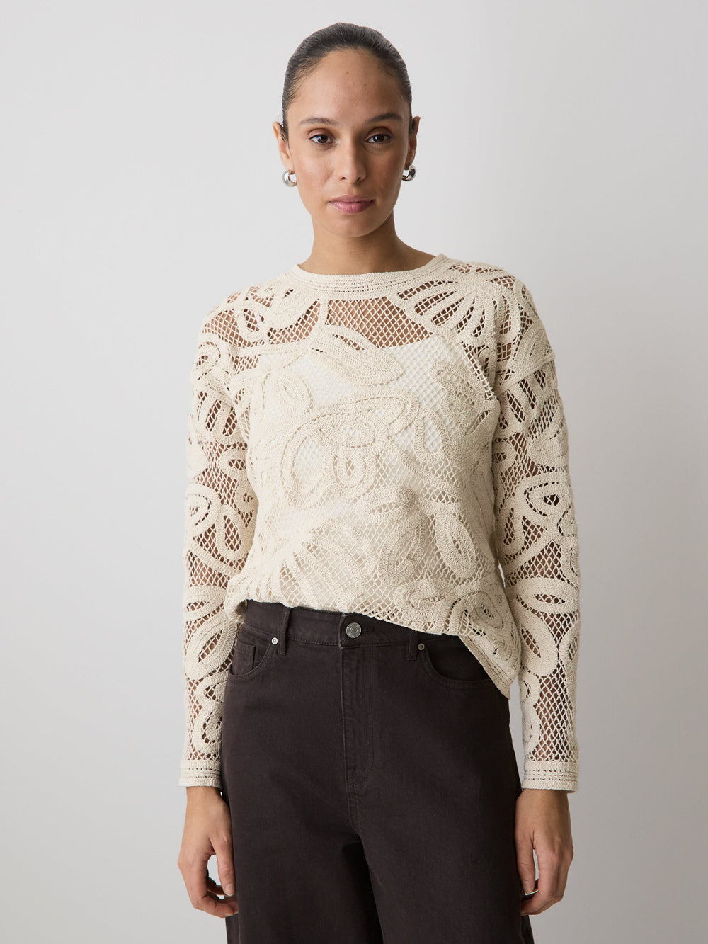 RW&CO Long-Sleeve Crew-Neck Top with Crochet Details