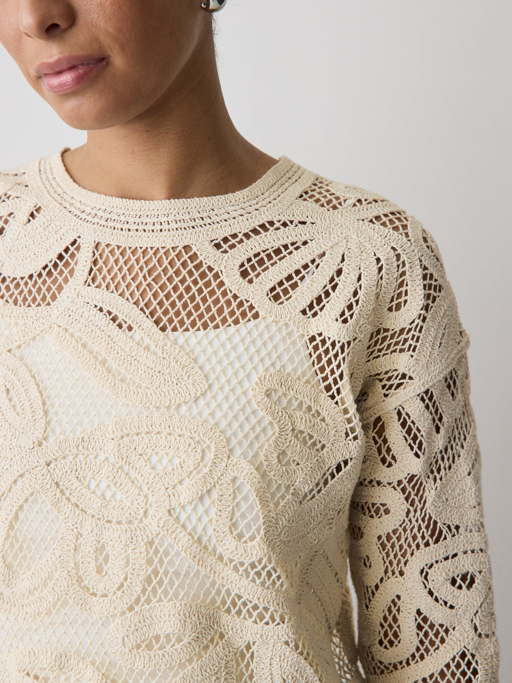 RW&CO Long-Sleeve Crew-Neck Top with Crochet Details