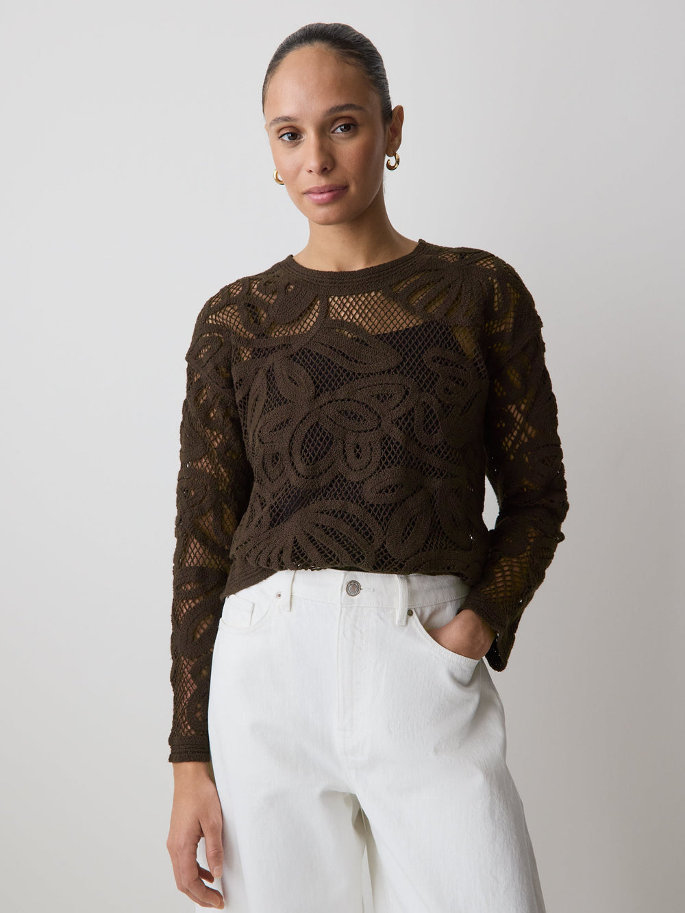 RW&CO Long-Sleeve Crew-Neck Top with Crochet Details