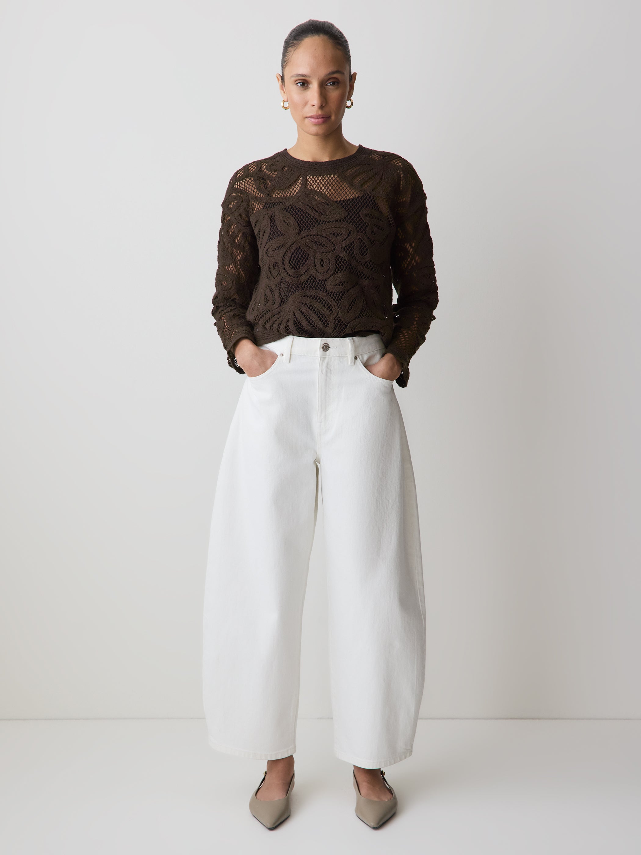 RW&CO Long-Sleeve Crew-Neck Top with Crochet Details
