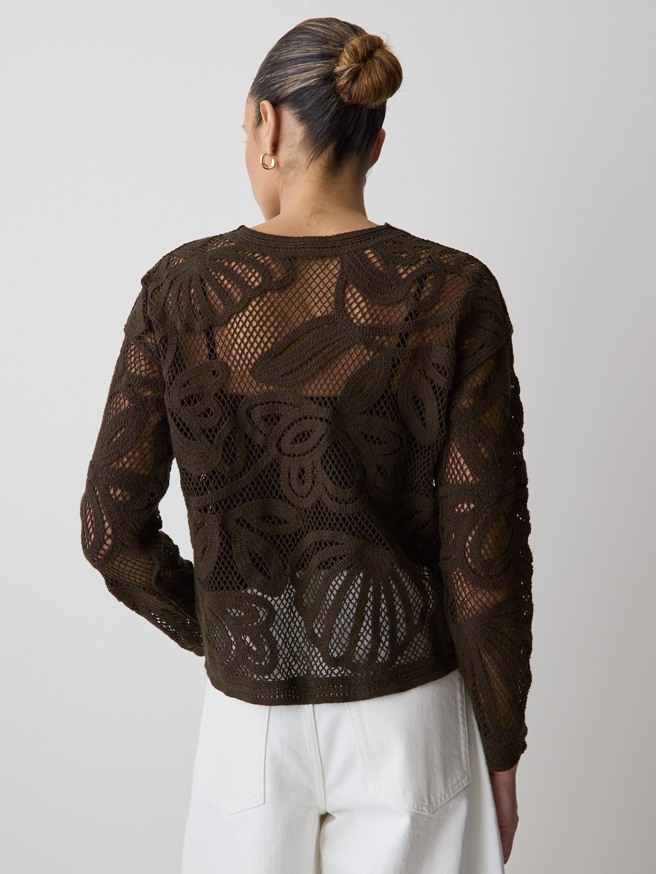 RW&CO Long-Sleeve Crew-Neck Top with Crochet Details