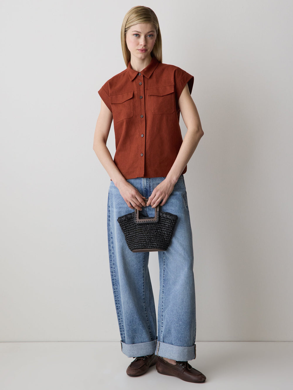 RW&CO Linen-Blend Extended-Sleeve Blouse with Shirt Collar