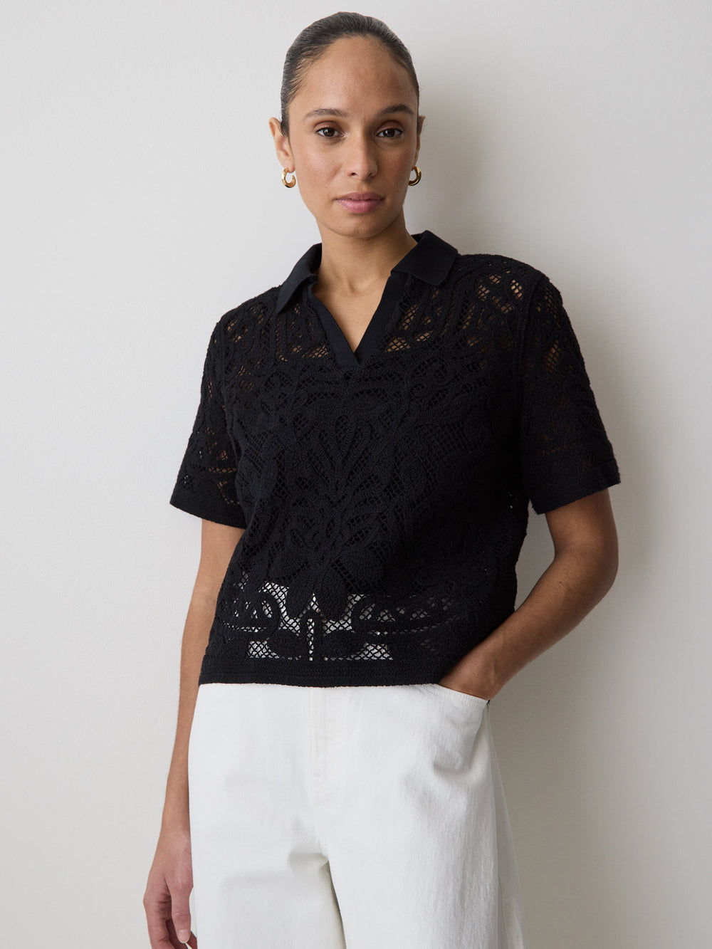 RW&CO Short-Sleeve Crochet Polo Top