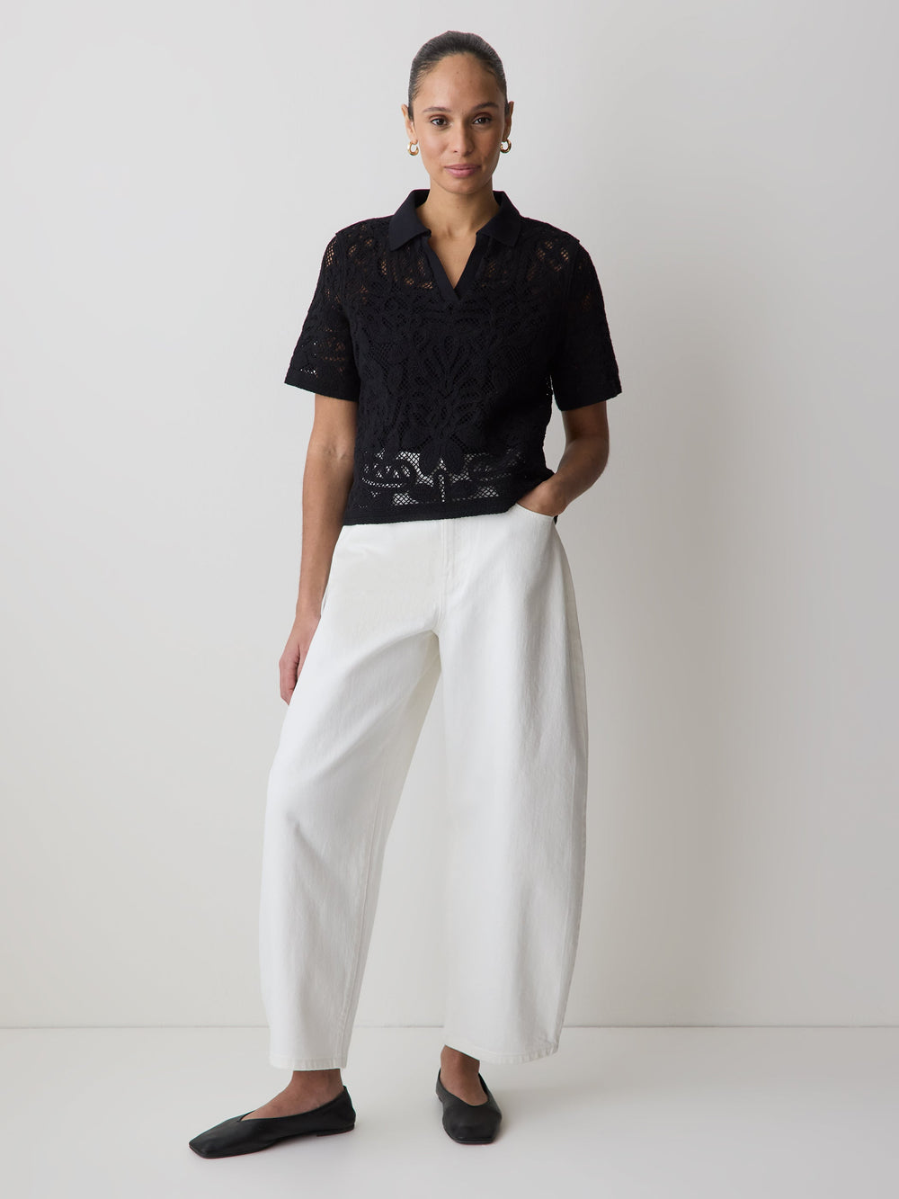 RW&CO Short-Sleeve Crochet Polo Top