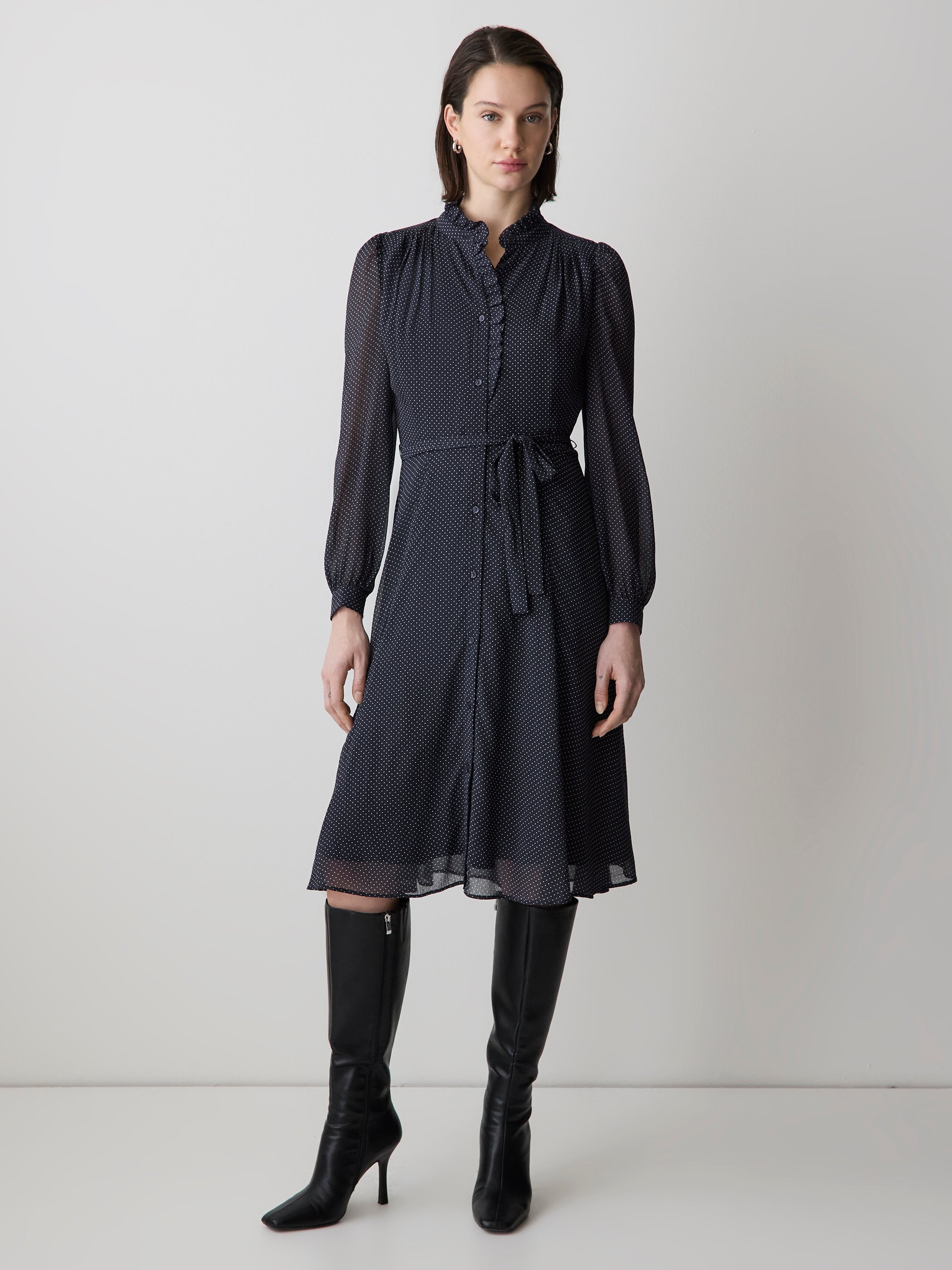 RW&CO Long-Sleeve Mock-Neck Buttoned-Down Midi Dress
