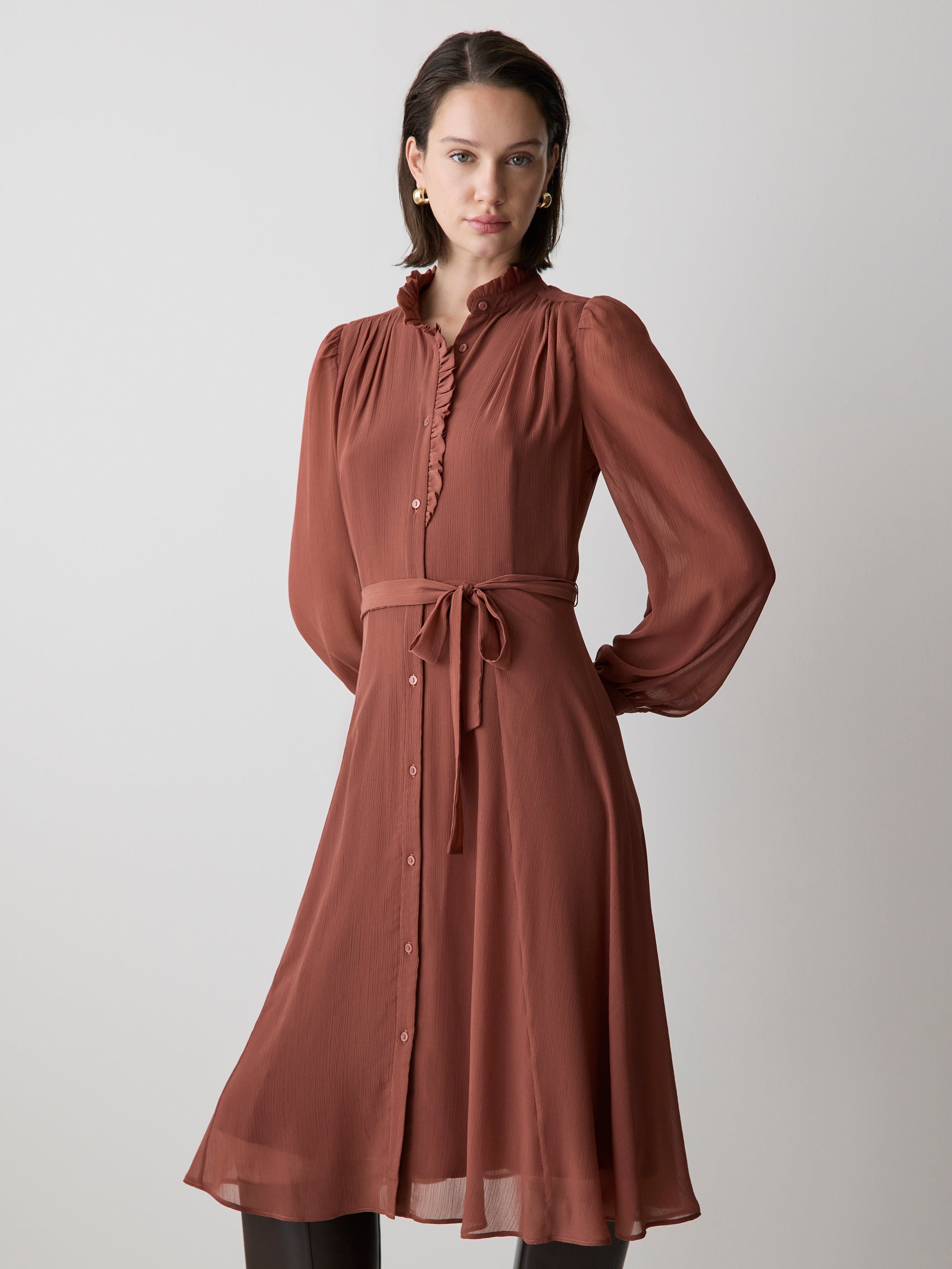 RW&CO Long-Sleeve Mock-Neck Buttoned-Down Midi Dress