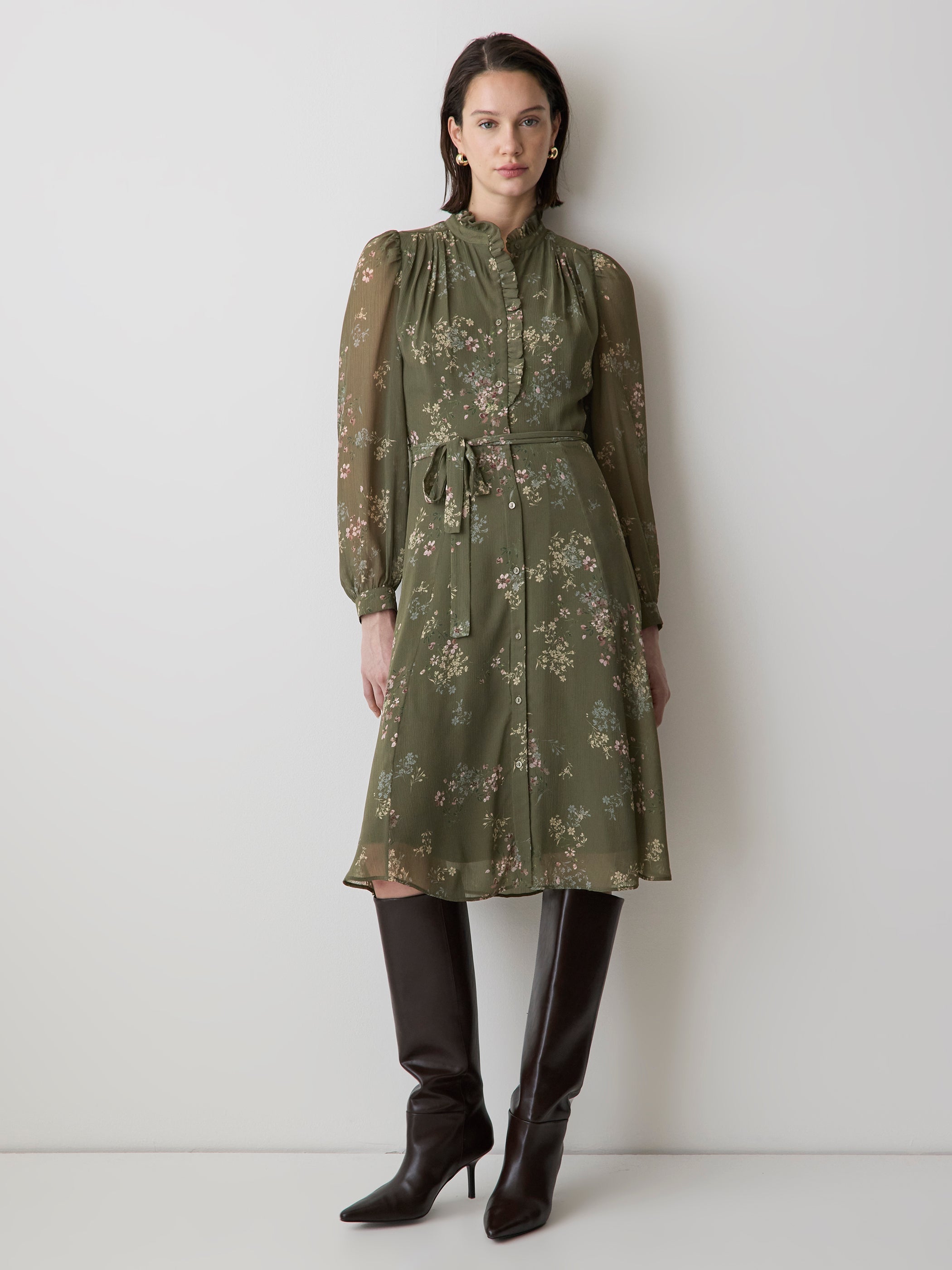 RW&CO Long-Sleeve Mock-Neck Buttoned-Down Midi Dress