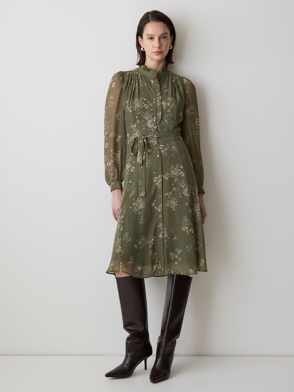 RW&CO Long-Sleeve Mock-Neck Buttoned-Down Midi Dress
