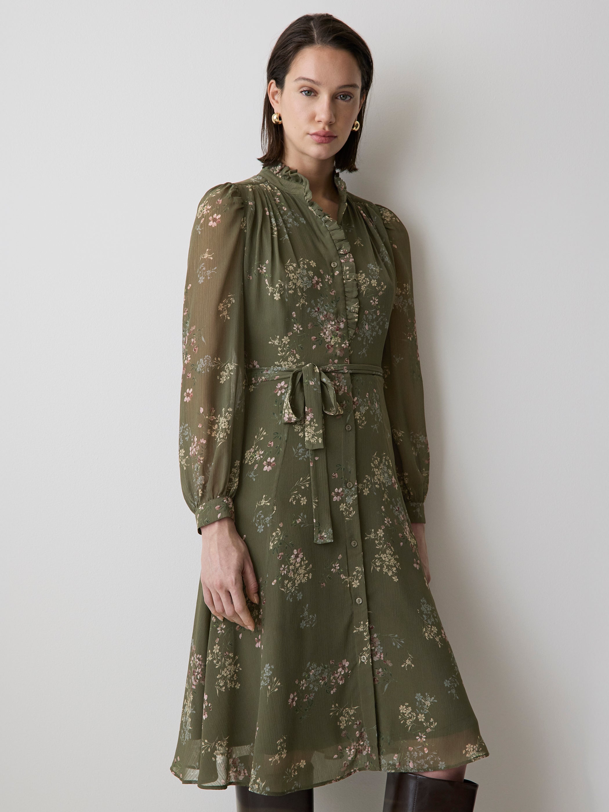 RW&CO Long-Sleeve Mock-Neck Buttoned-Down Midi Dress