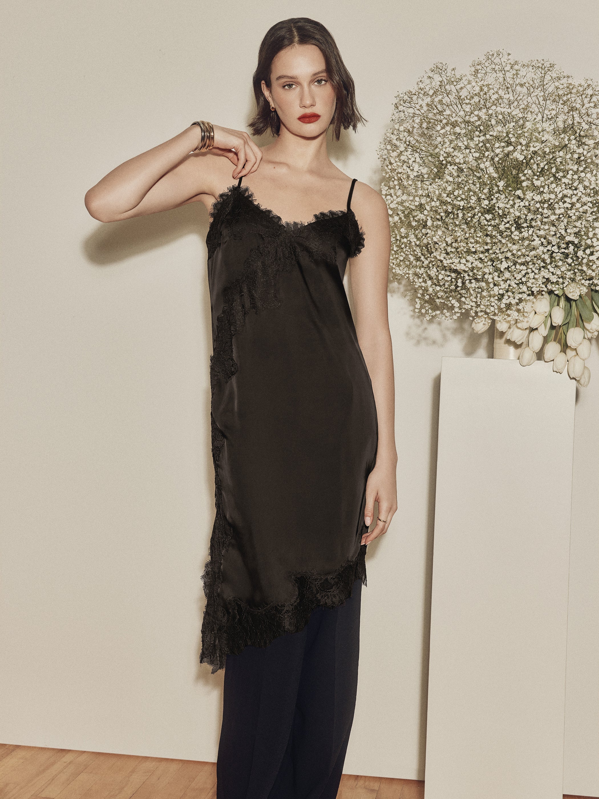 RW&CO Satin Sleeveless Midi Dress with Lace Trims