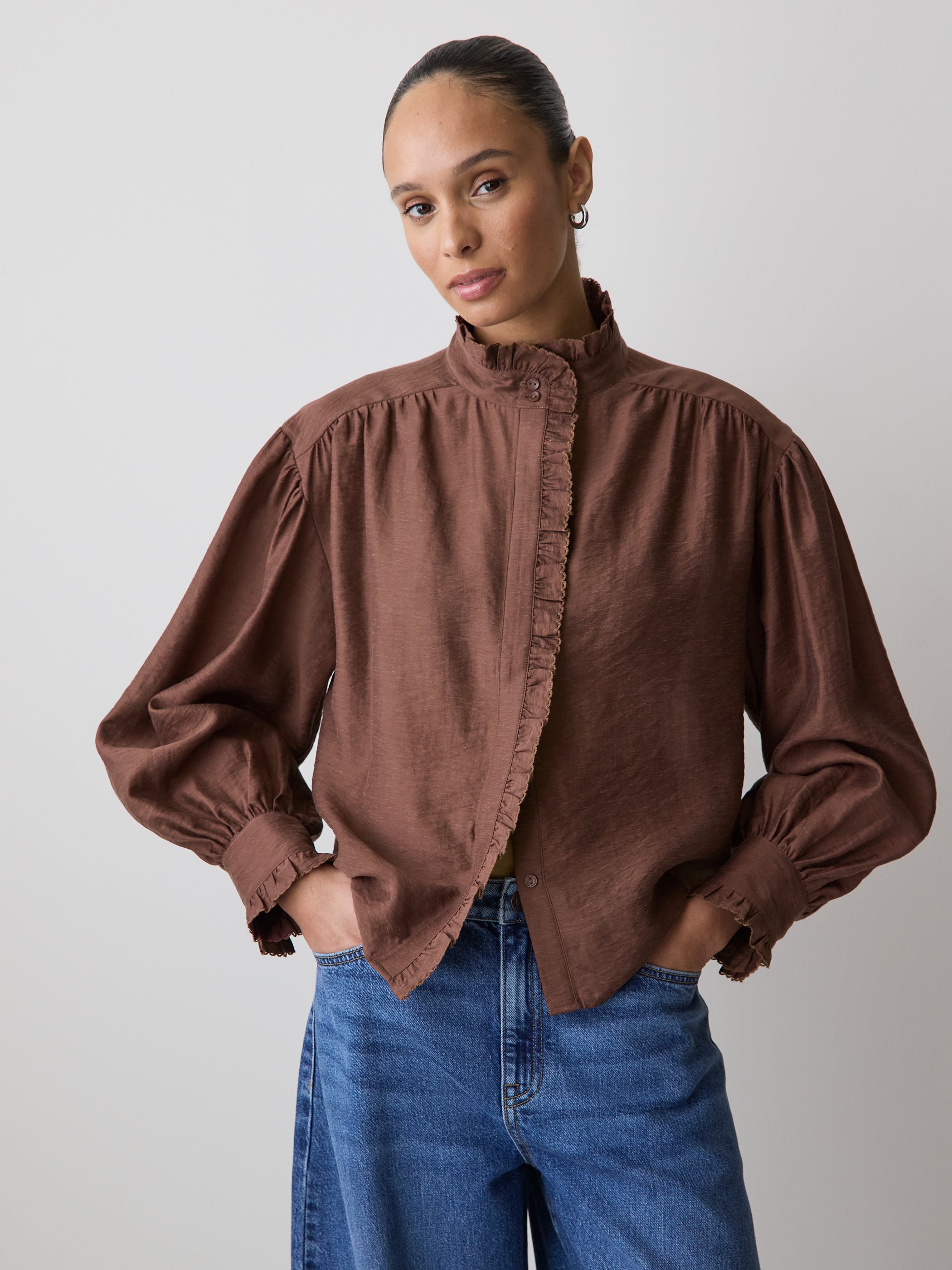 RW&CO Long-Sleeve Crew-Neck Blouse with Ruffles
