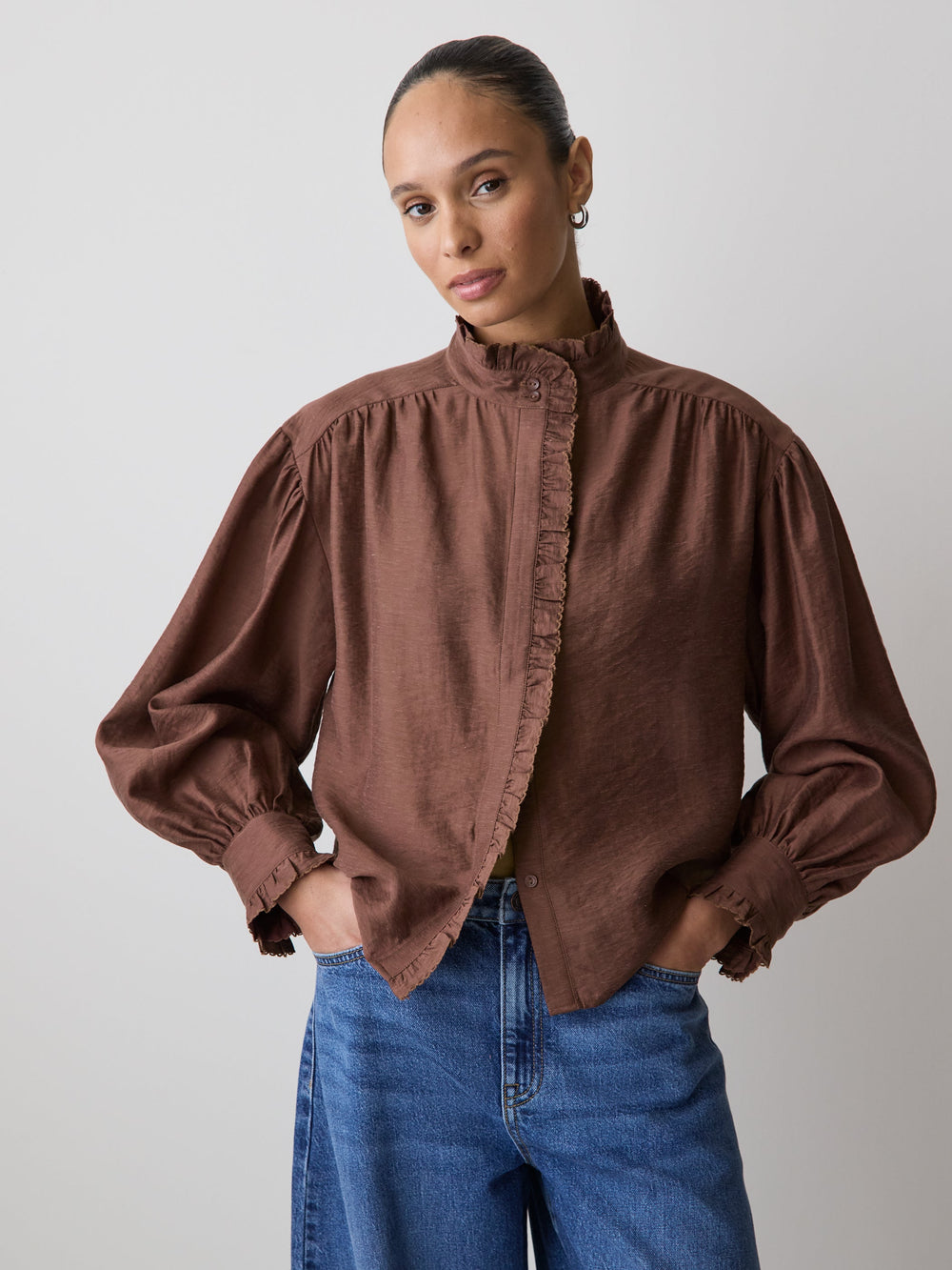 RW&CO Long-Sleeve Crew-Neck Blouse with Ruffles