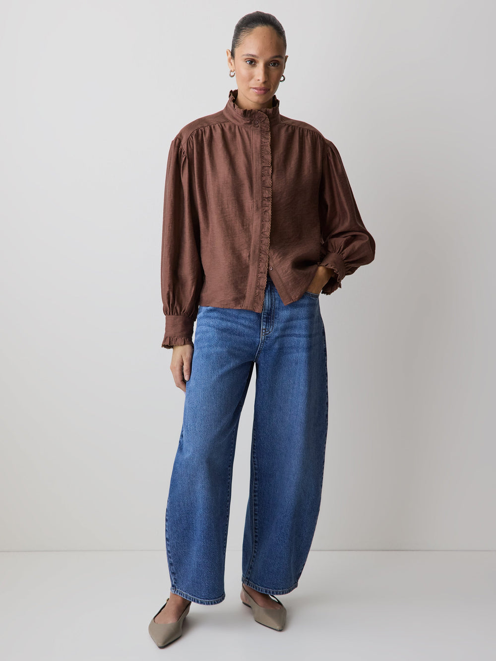 RW&CO Long-Sleeve Crew-Neck Blouse with Ruffles