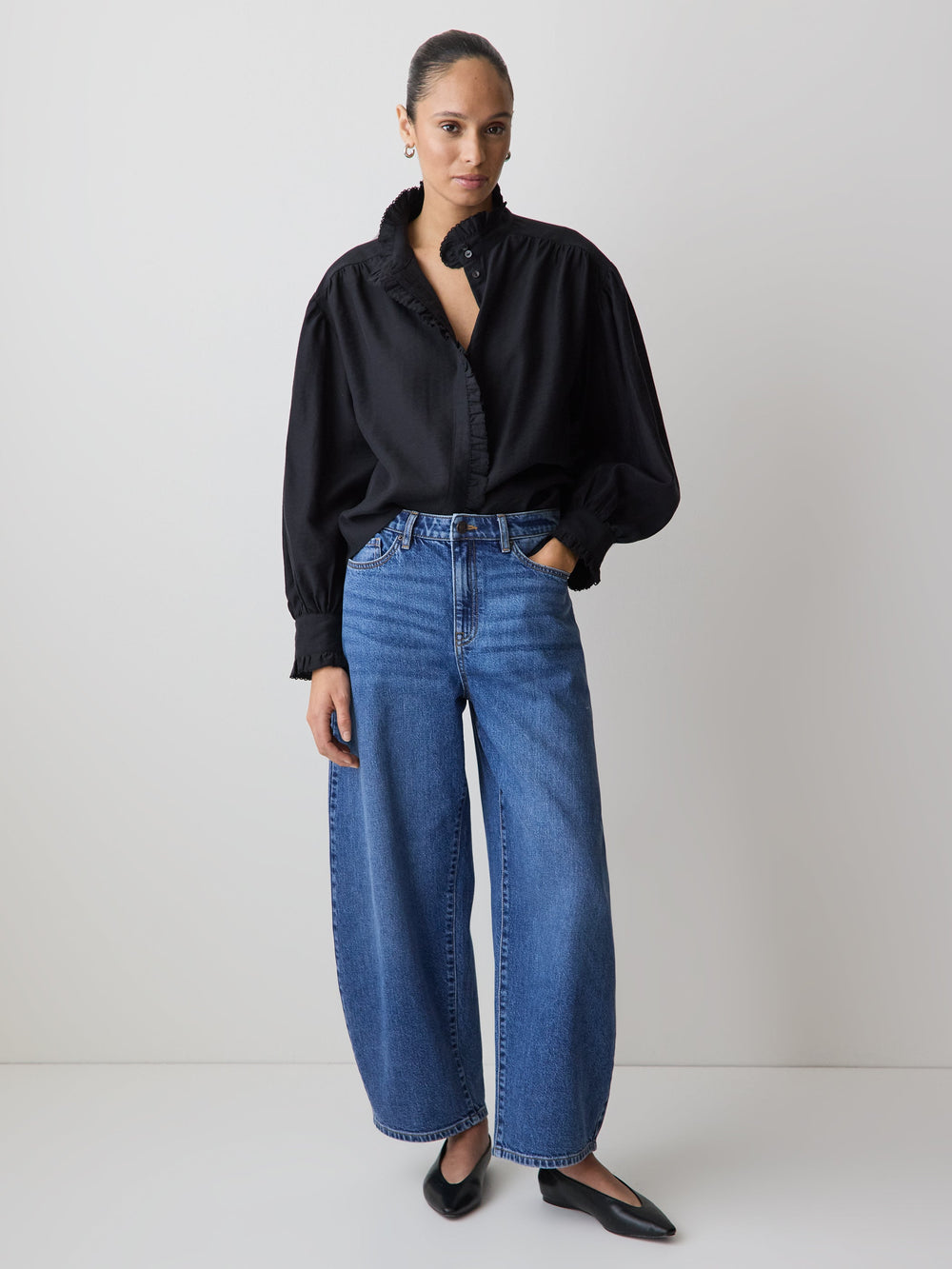 RW&CO Long-Sleeve Crew-Neck Blouse with Ruffles