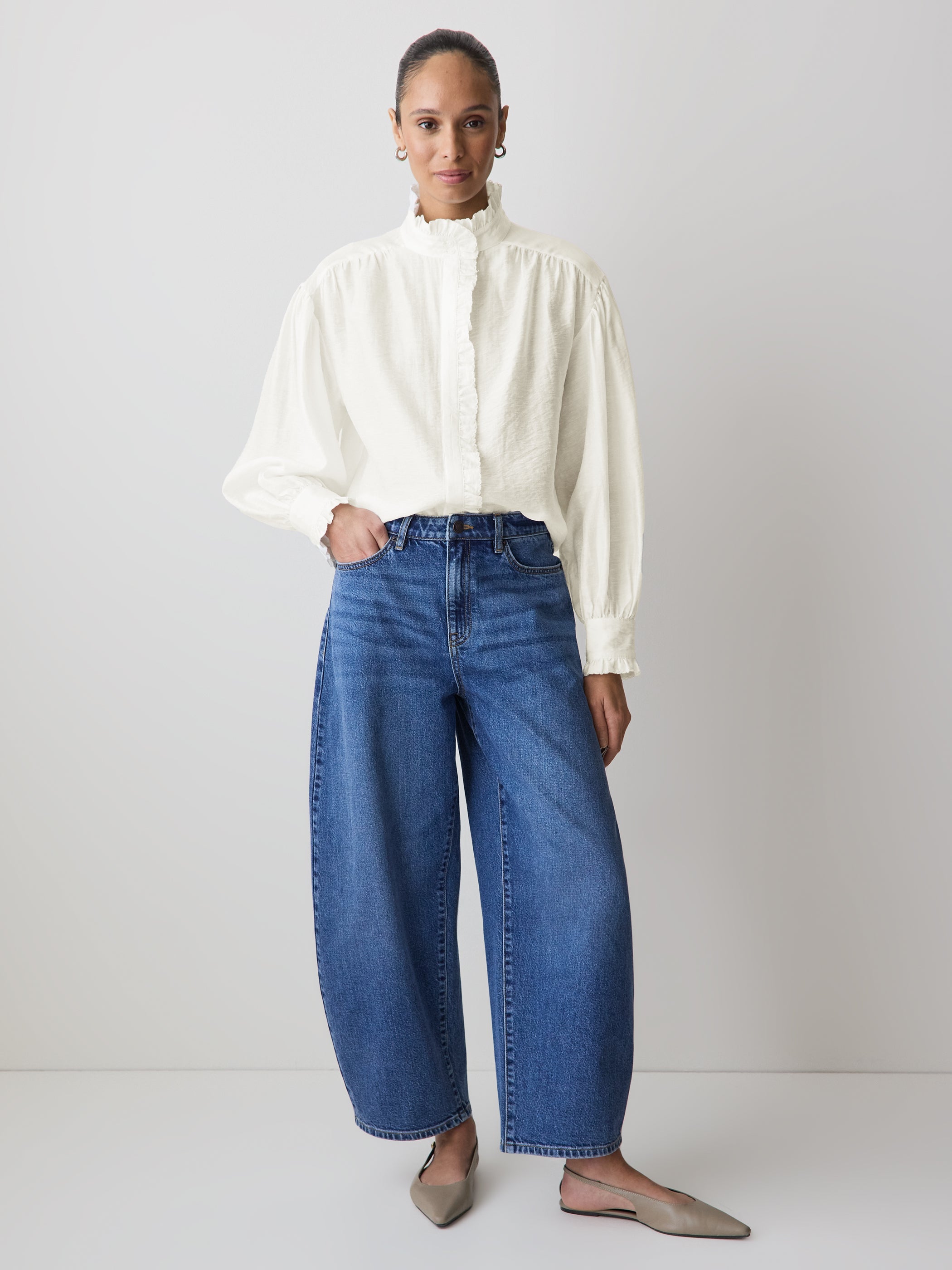 RW&CO Long-Sleeve Crew-Neck Blouse with Ruffles