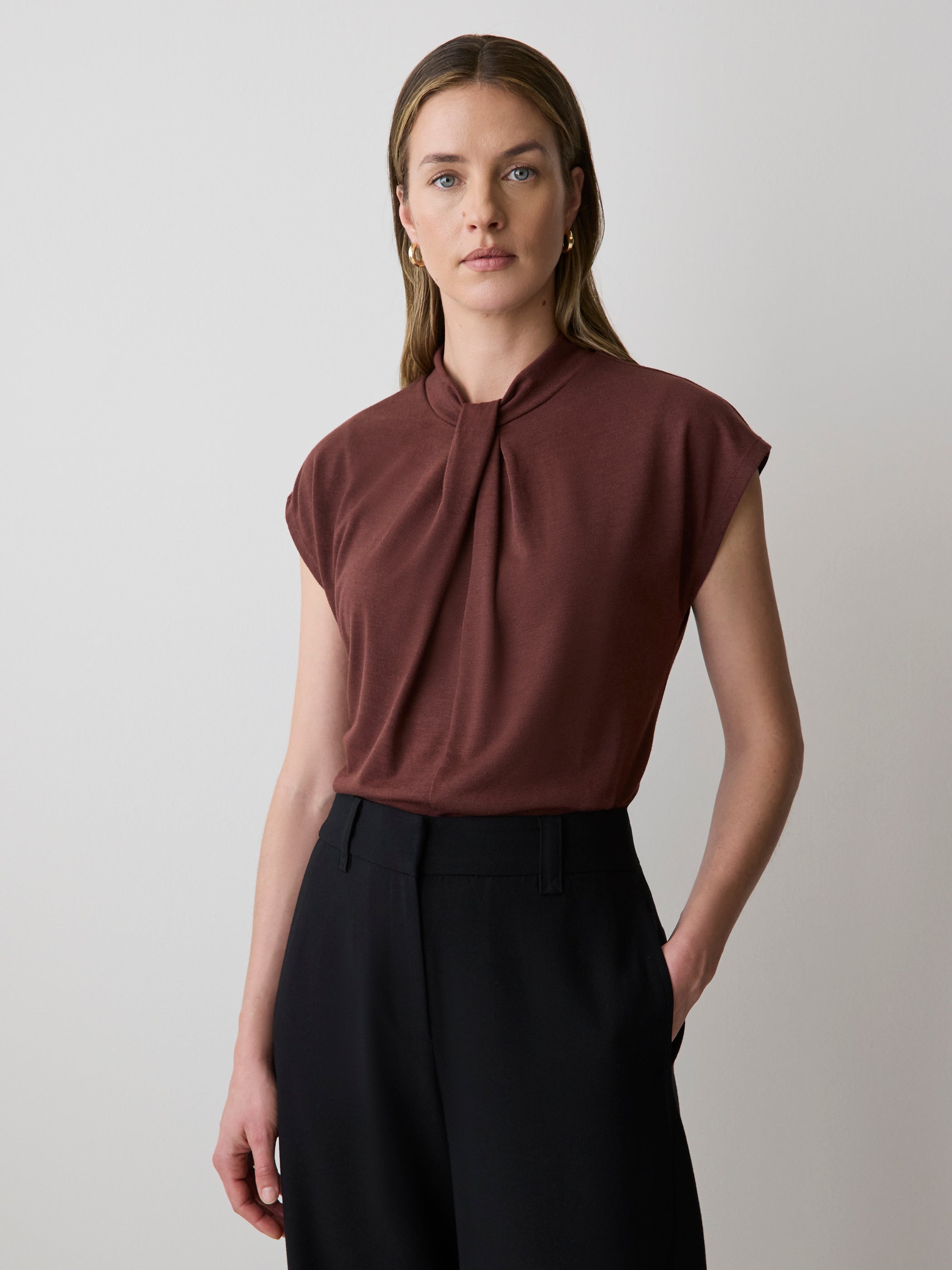 RW&CO Extended-Sleeve Top with Twisted Draped Mock Neckline