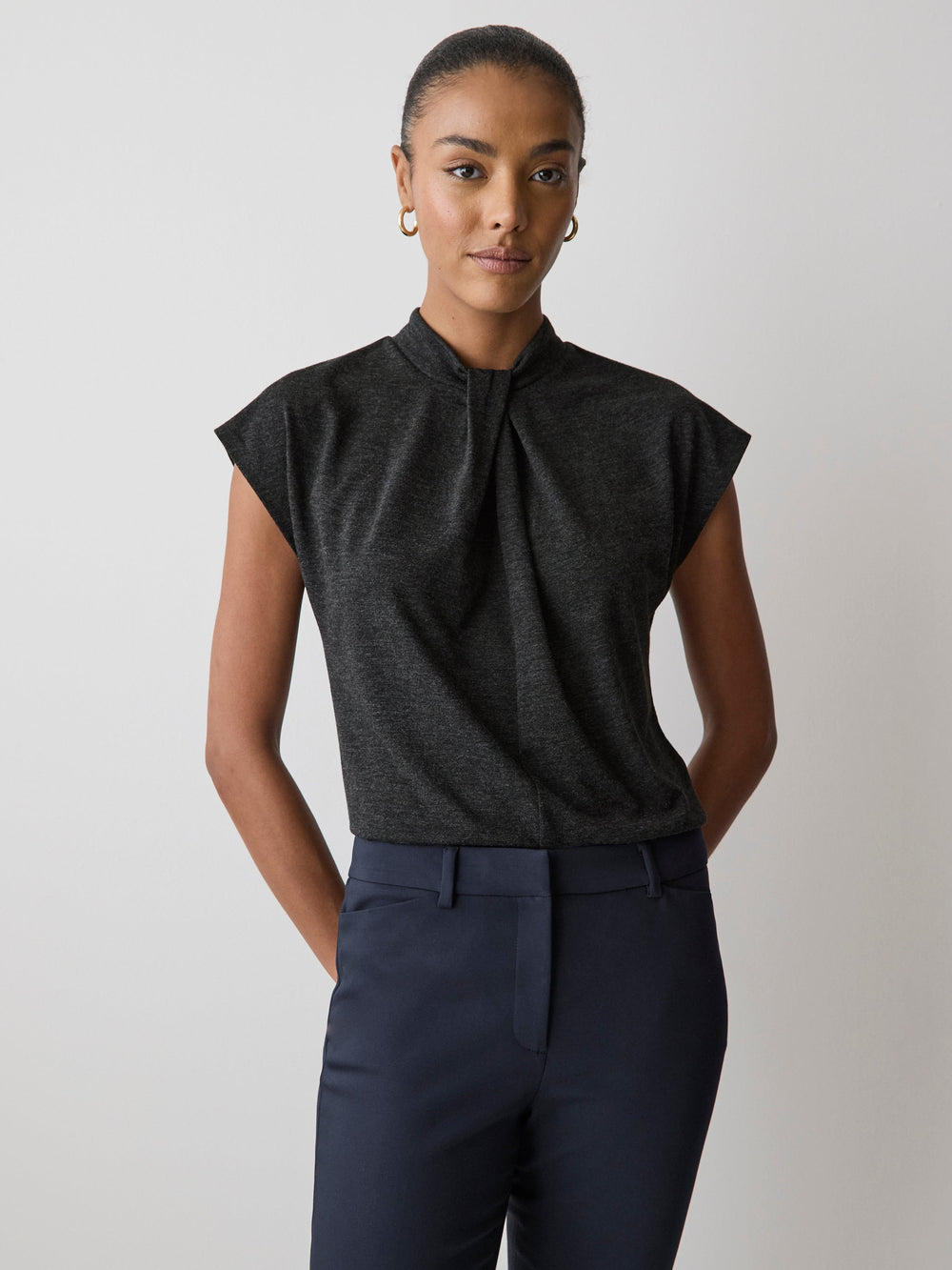 RW&CO Extended-Sleeve Top with Twisted Draped Mock Neckline