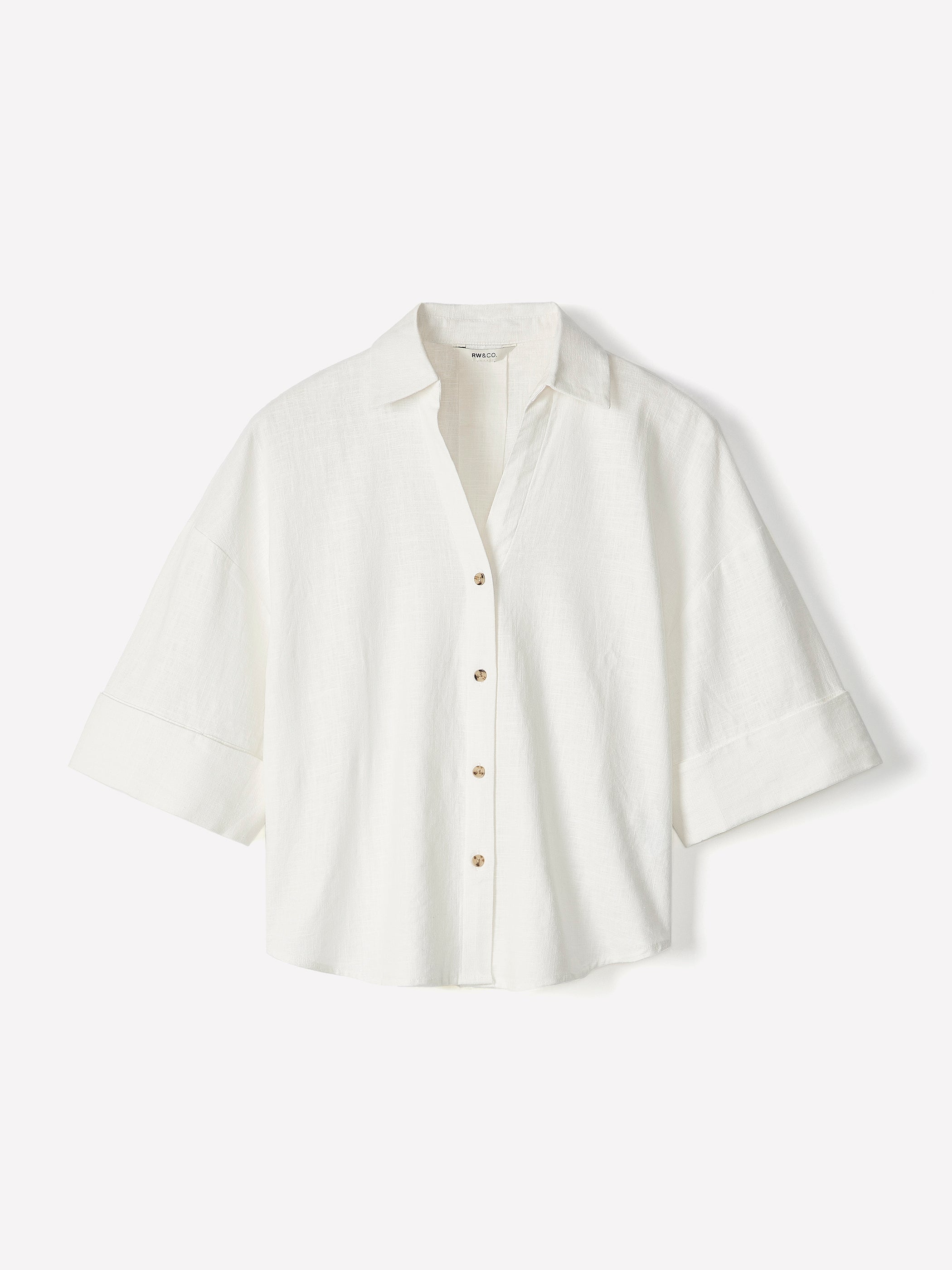 RW&CO Linen-Blend Short-Sleeve Blouse with Shirt Collar