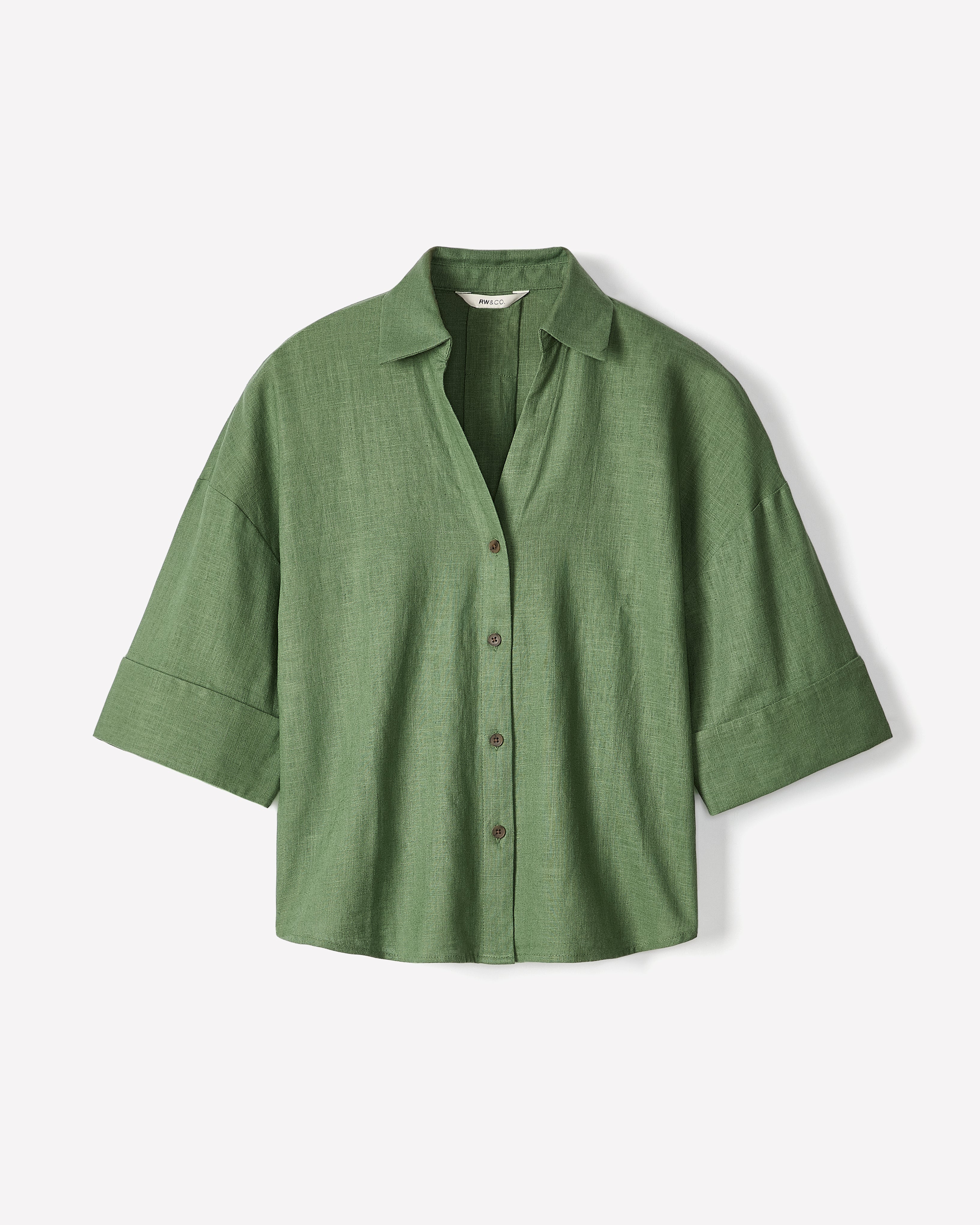 RW&CO Linen-Blend Short-Sleeve Blouse with Shirt Collar