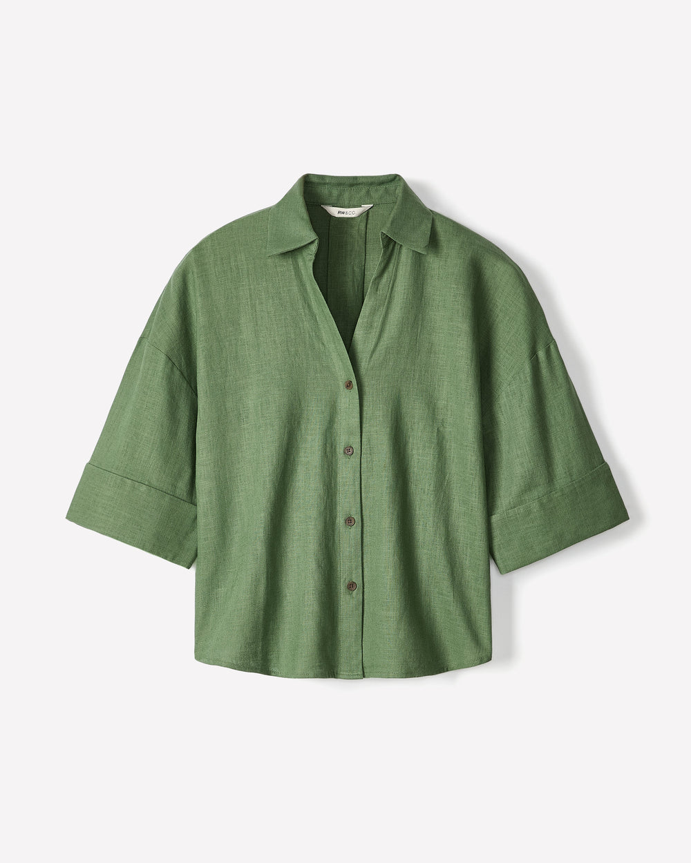 RW&CO Linen-Blend Short-Sleeve Blouse with Shirt Collar