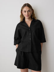 RW&CO Linen-Blend Short-Sleeve Blouse with Shirt Collar