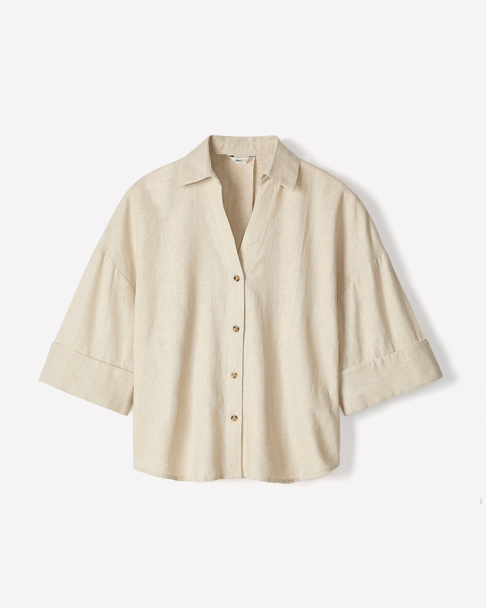RW&CO Linen-Blend Short-Sleeve Blouse with Shirt Collar
