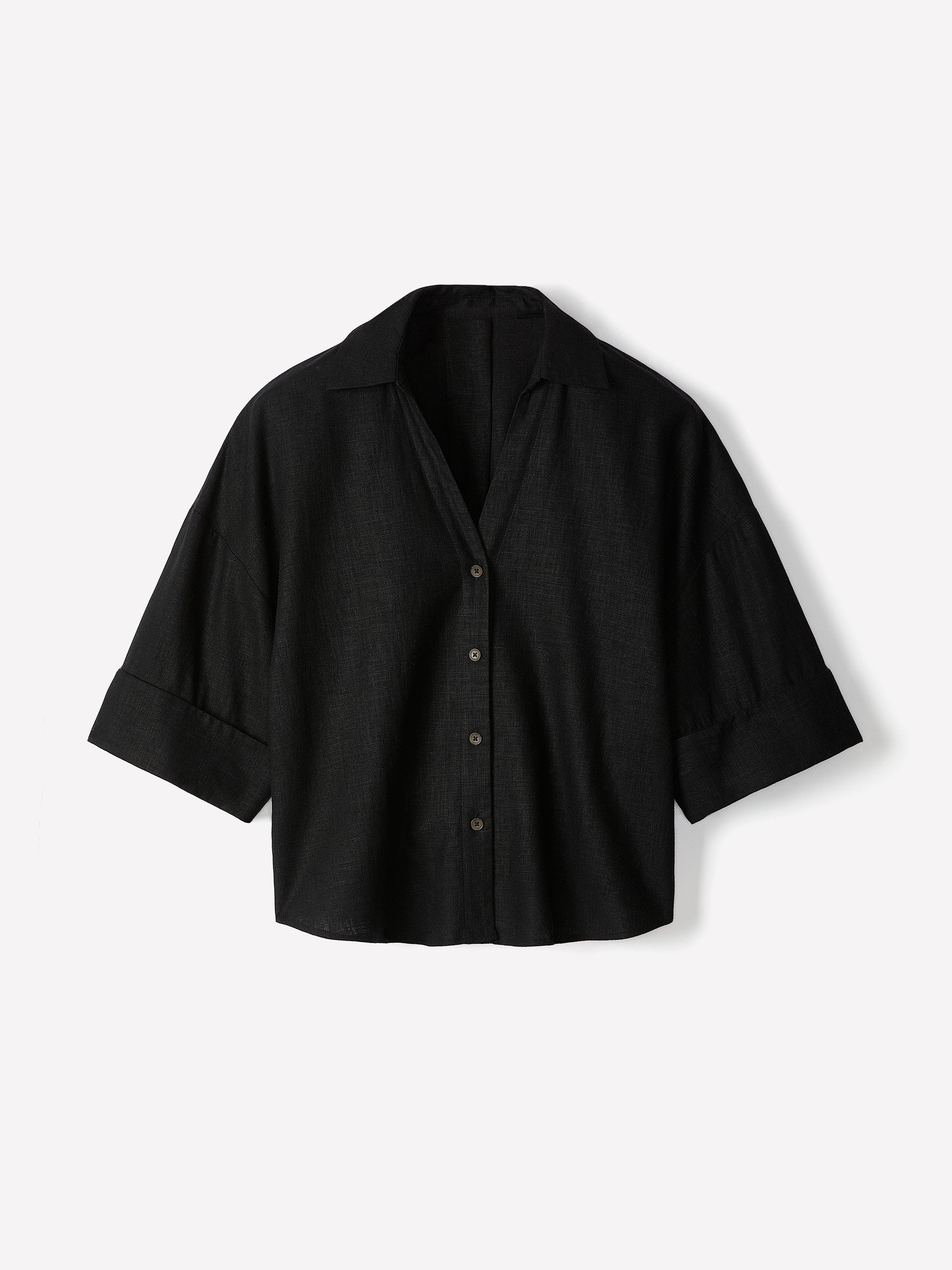 RW&CO Linen-Blend Short-Sleeve Blouse with Shirt Collar