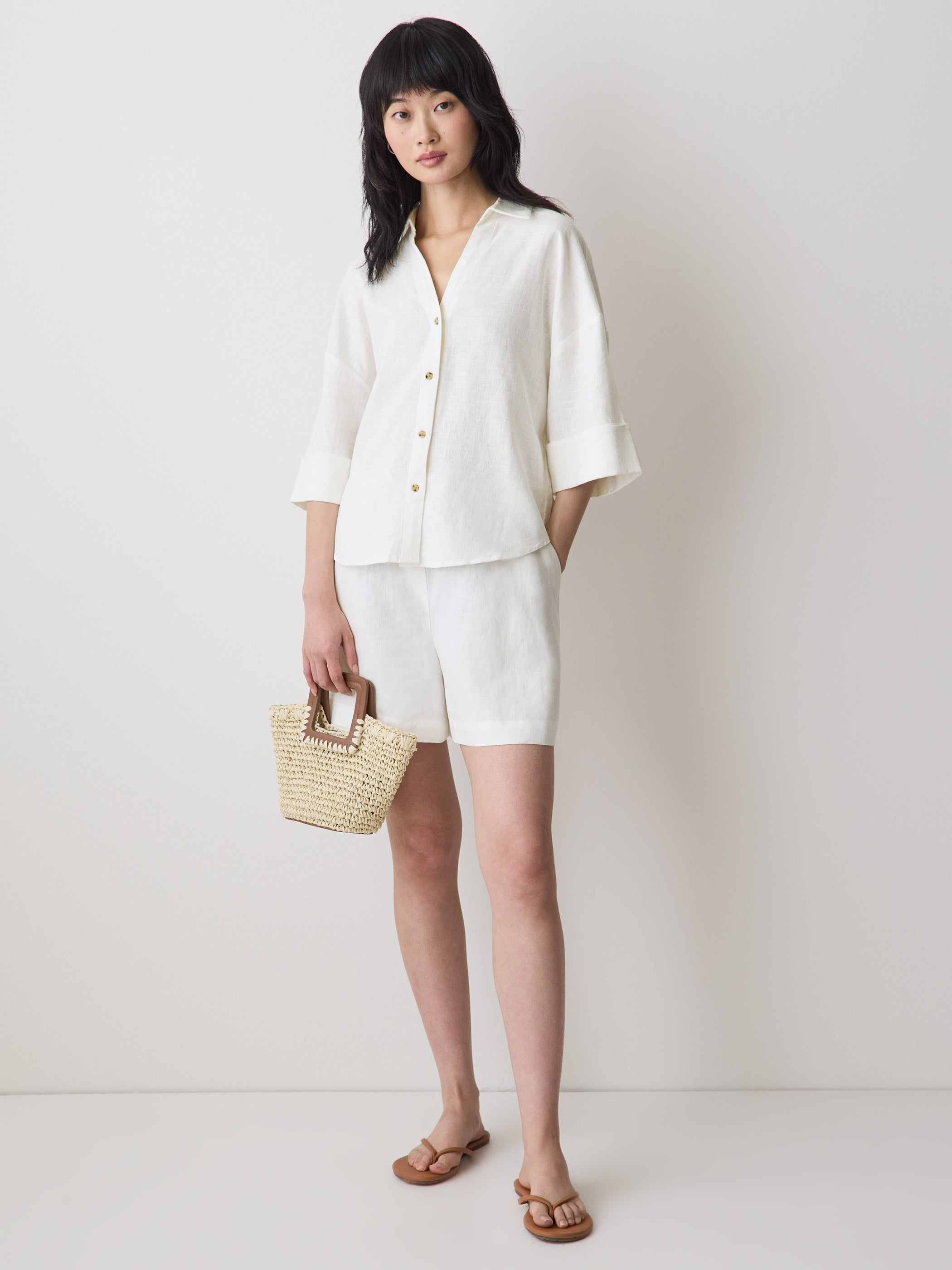 RW&CO Linen-Blend Short-Sleeve Blouse with Shirt Collar