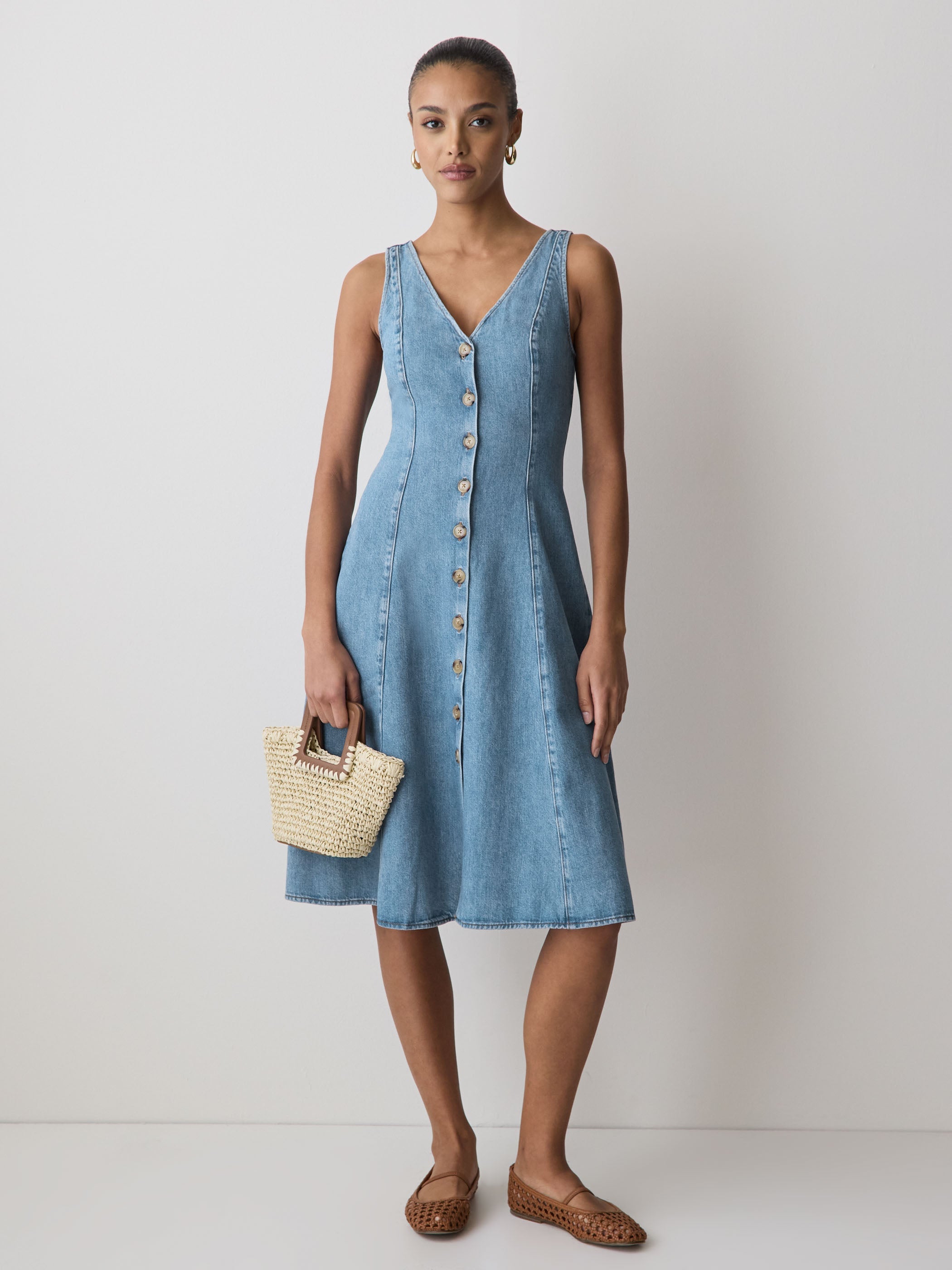 RW&CO Denim Sleeveless V-Neck Midi Dress