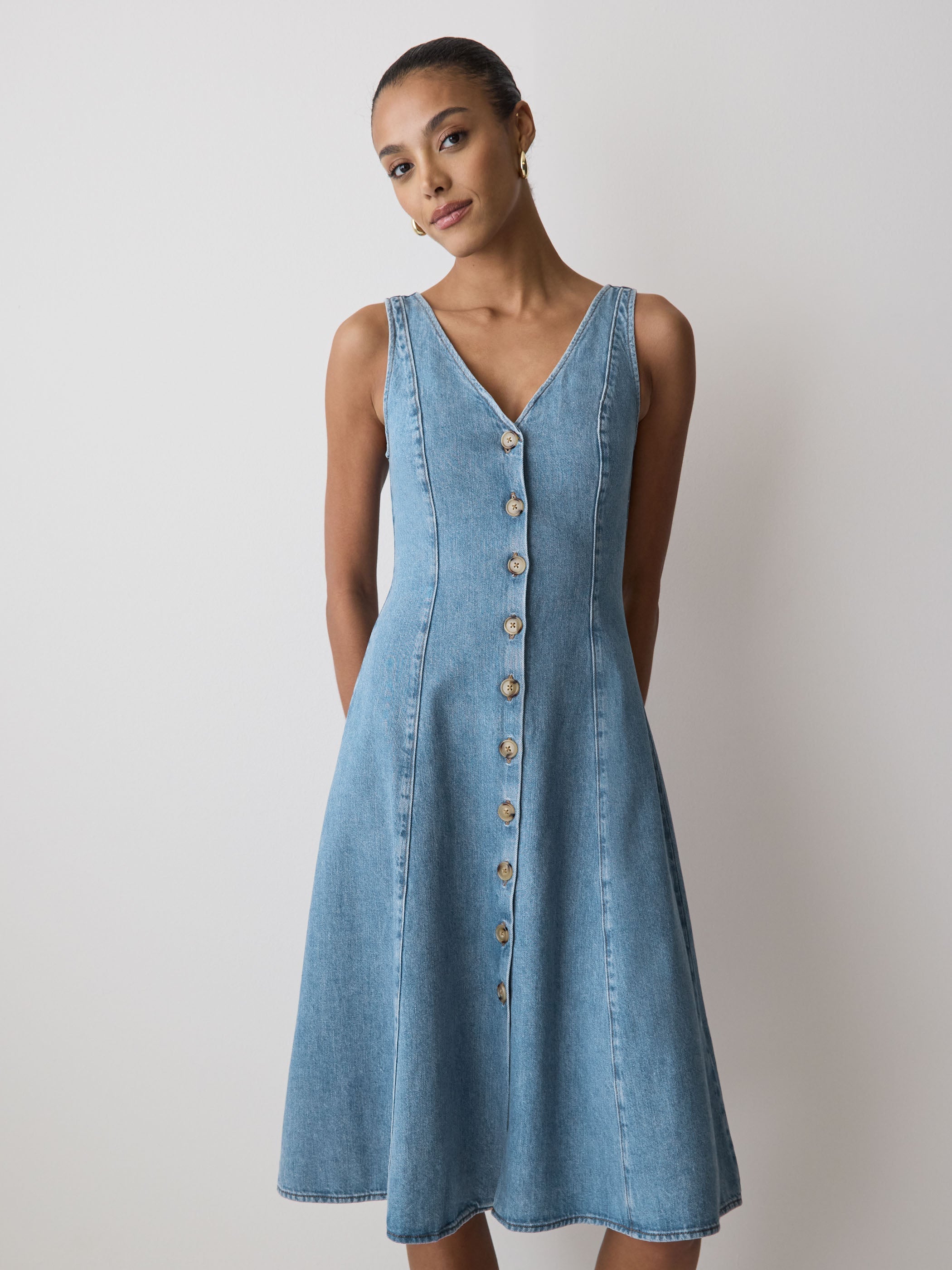 RW&CO Denim Sleeveless V-Neck Midi Dress