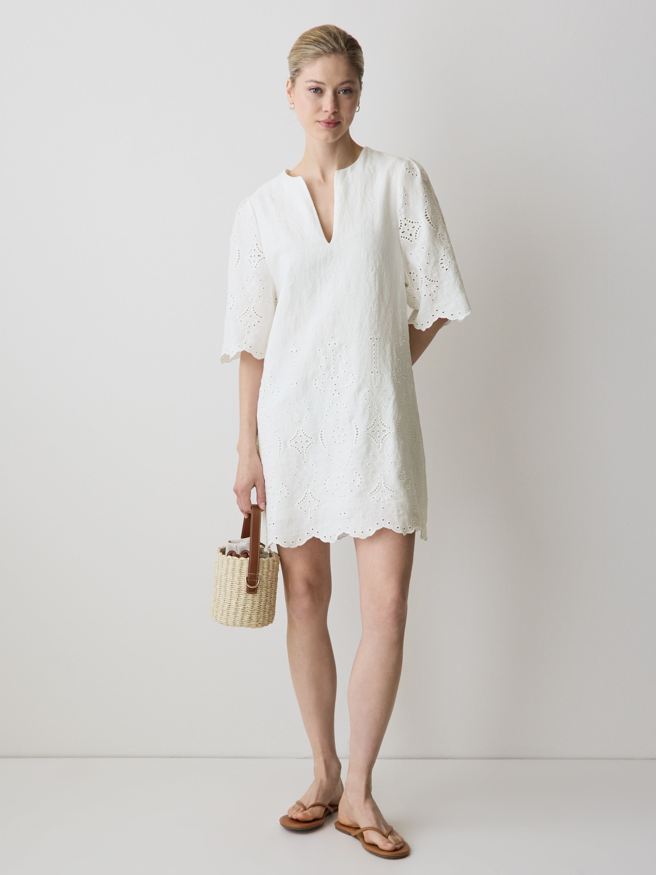 RW&CO Split-Neck Flare Mini Dress with Embroideries
